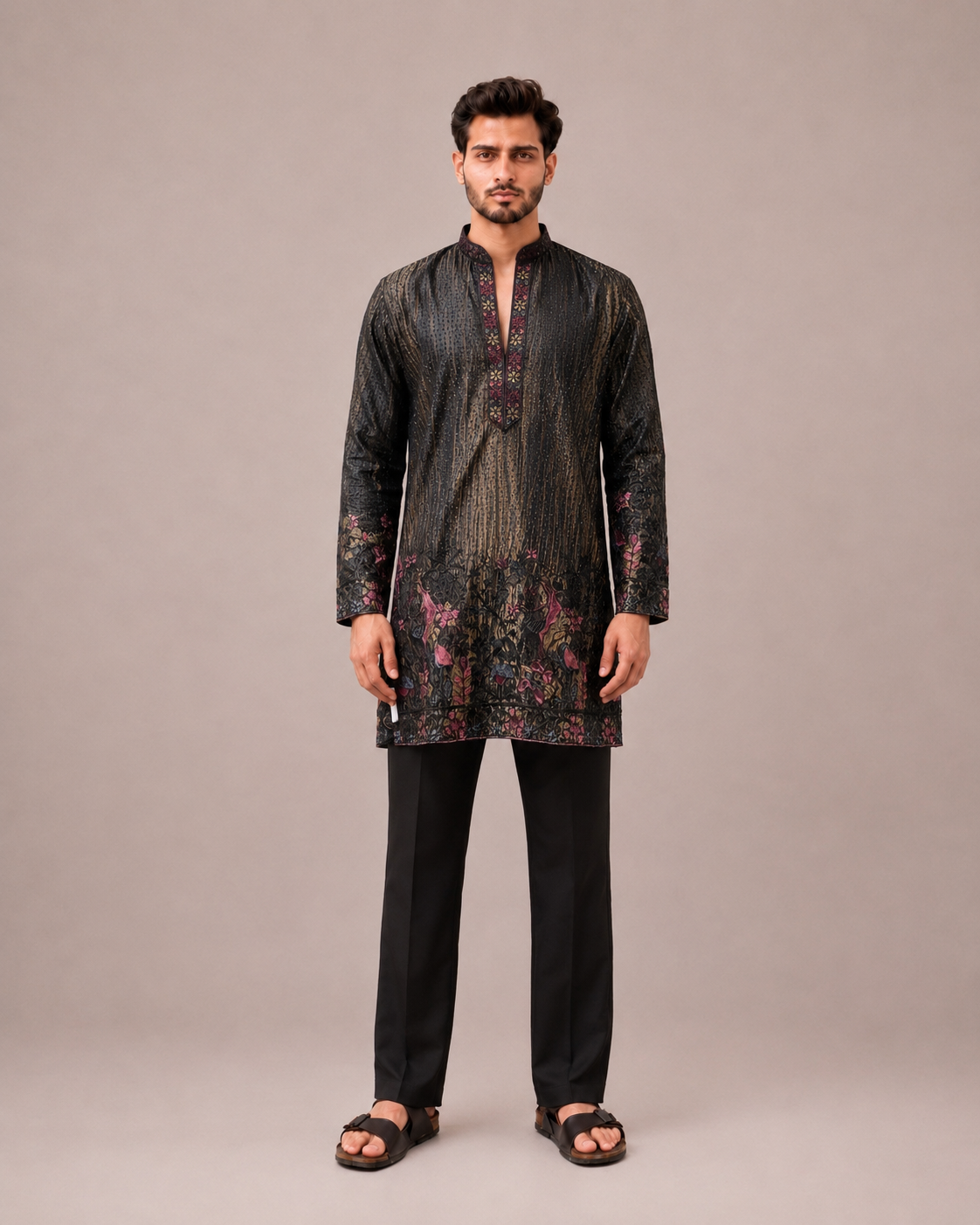 Black Silk Kurta Set with Machine Thread Work