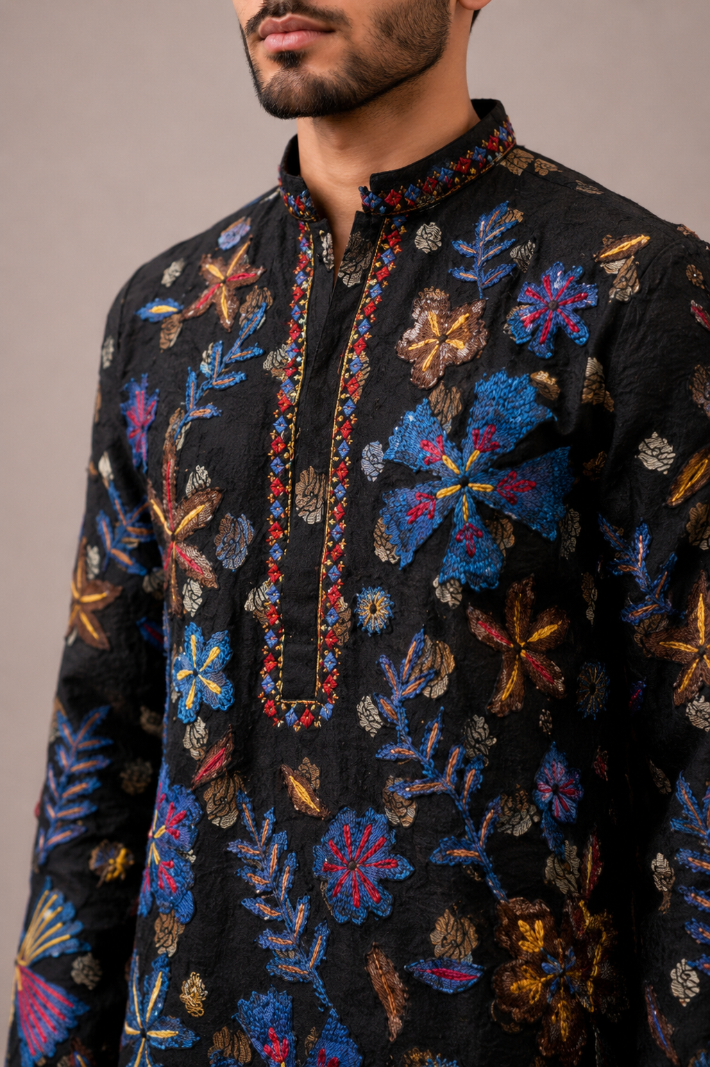 Black Silk Kurta Set with Peach Embroidery Work