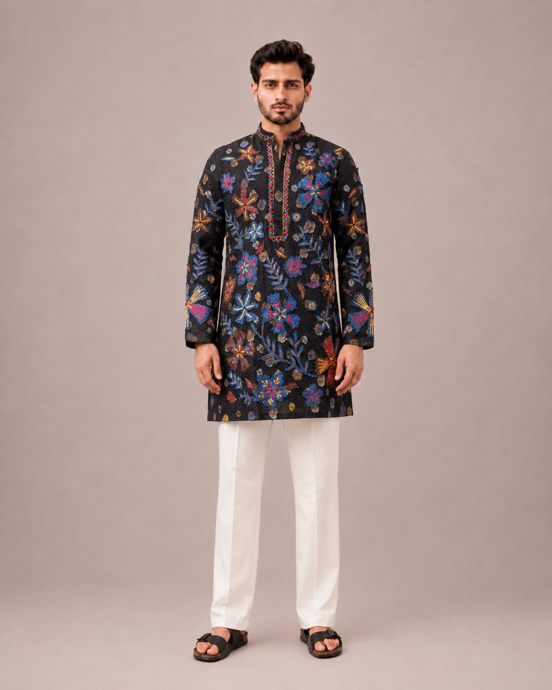 Black Silk Kurta Set with Peach Embroidery Work