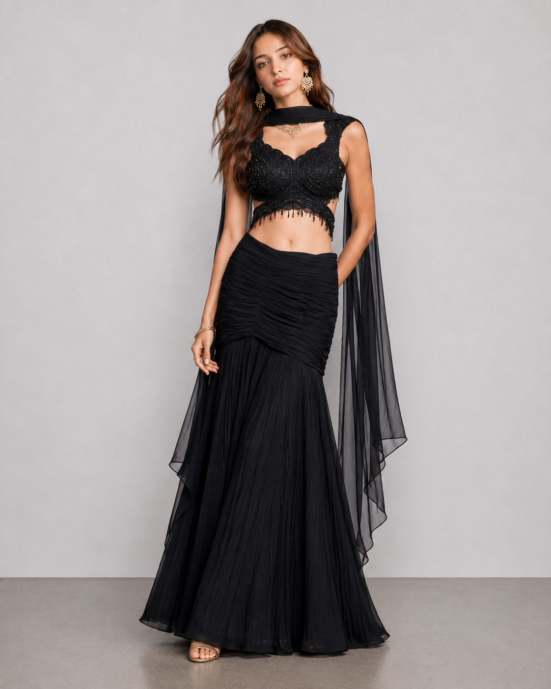 Black Soft Silk Choli with Pal Work and Georgette Detail