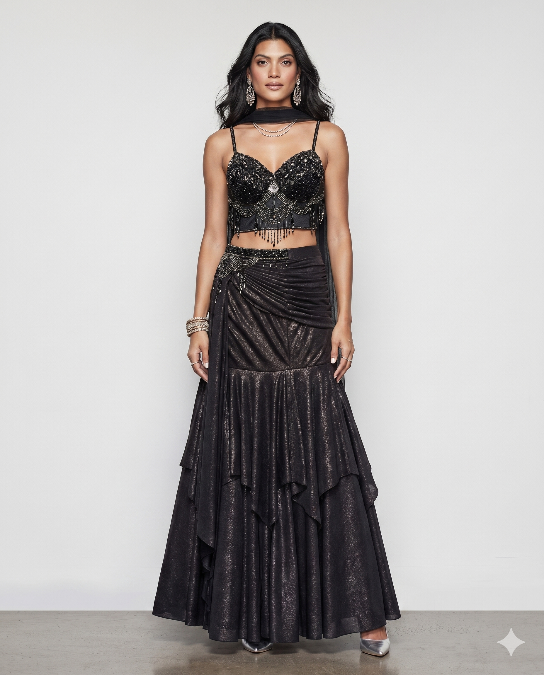 Black Stretchable Silk Indo Western with Moti Cutdana and Sequence Work