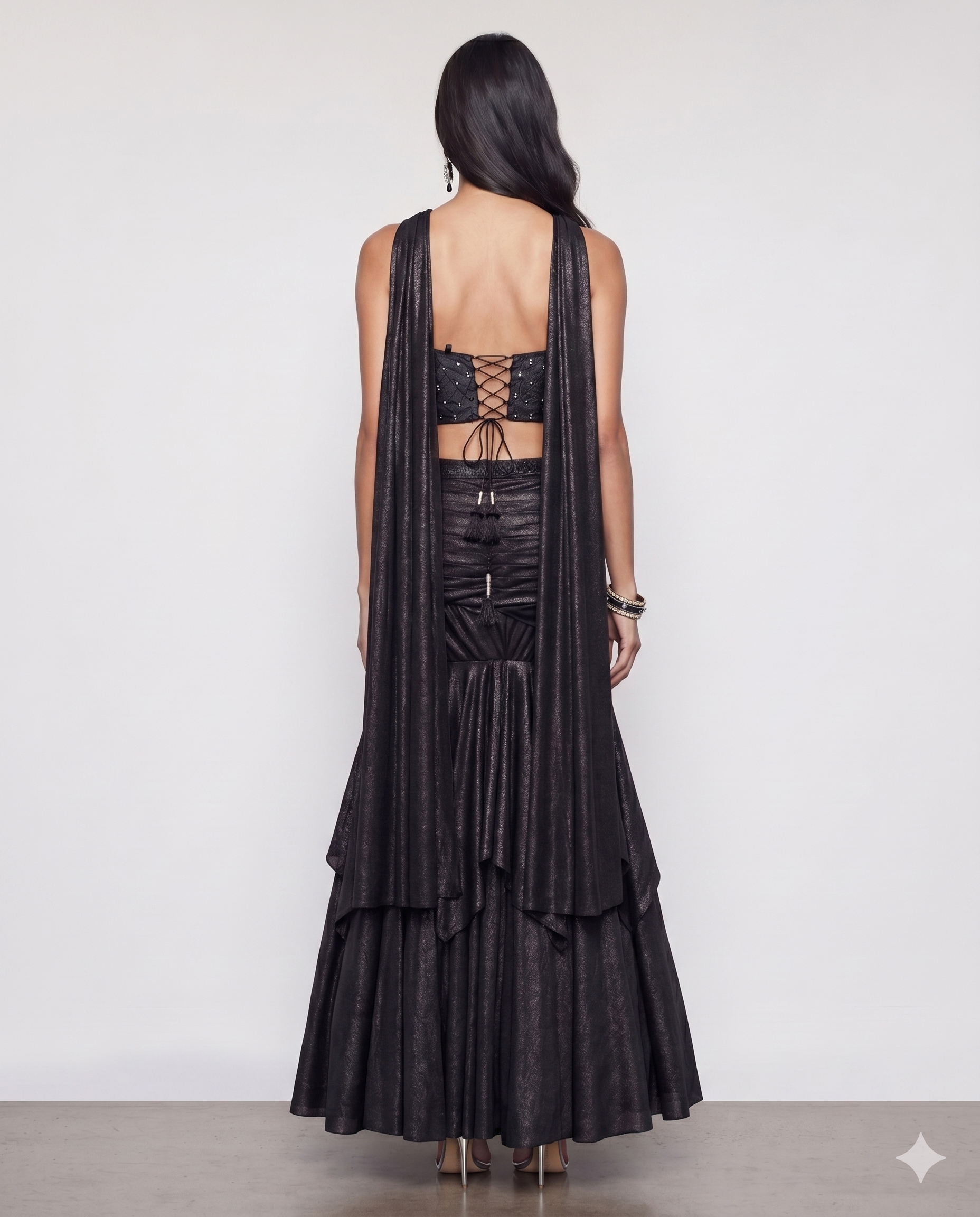 Black Stretchable Silk Indo Western with Moti Cutdana and Sequence Work