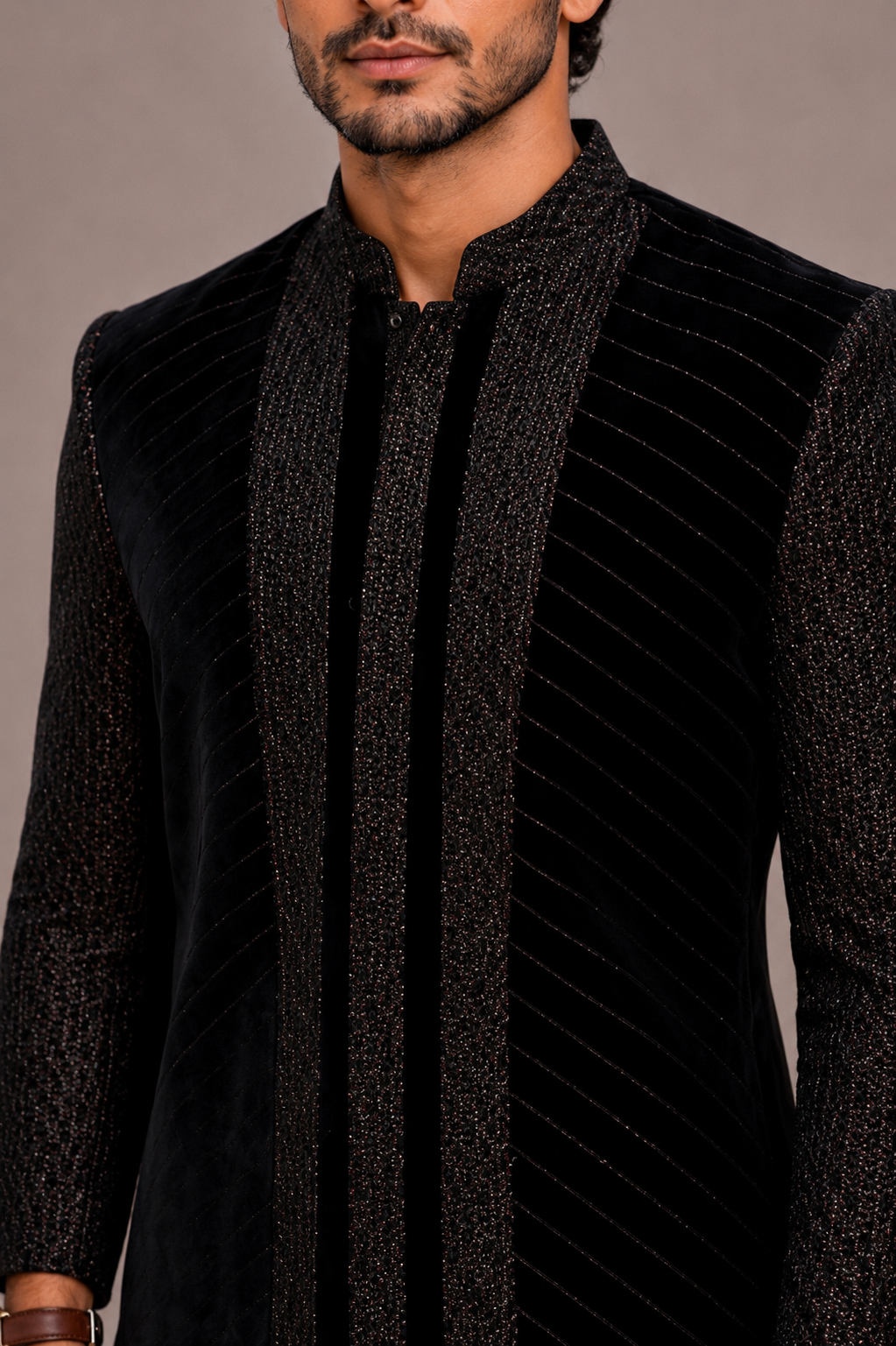 Black Velvet Open Jodhpuri with Machine Embroidery and Thread Work