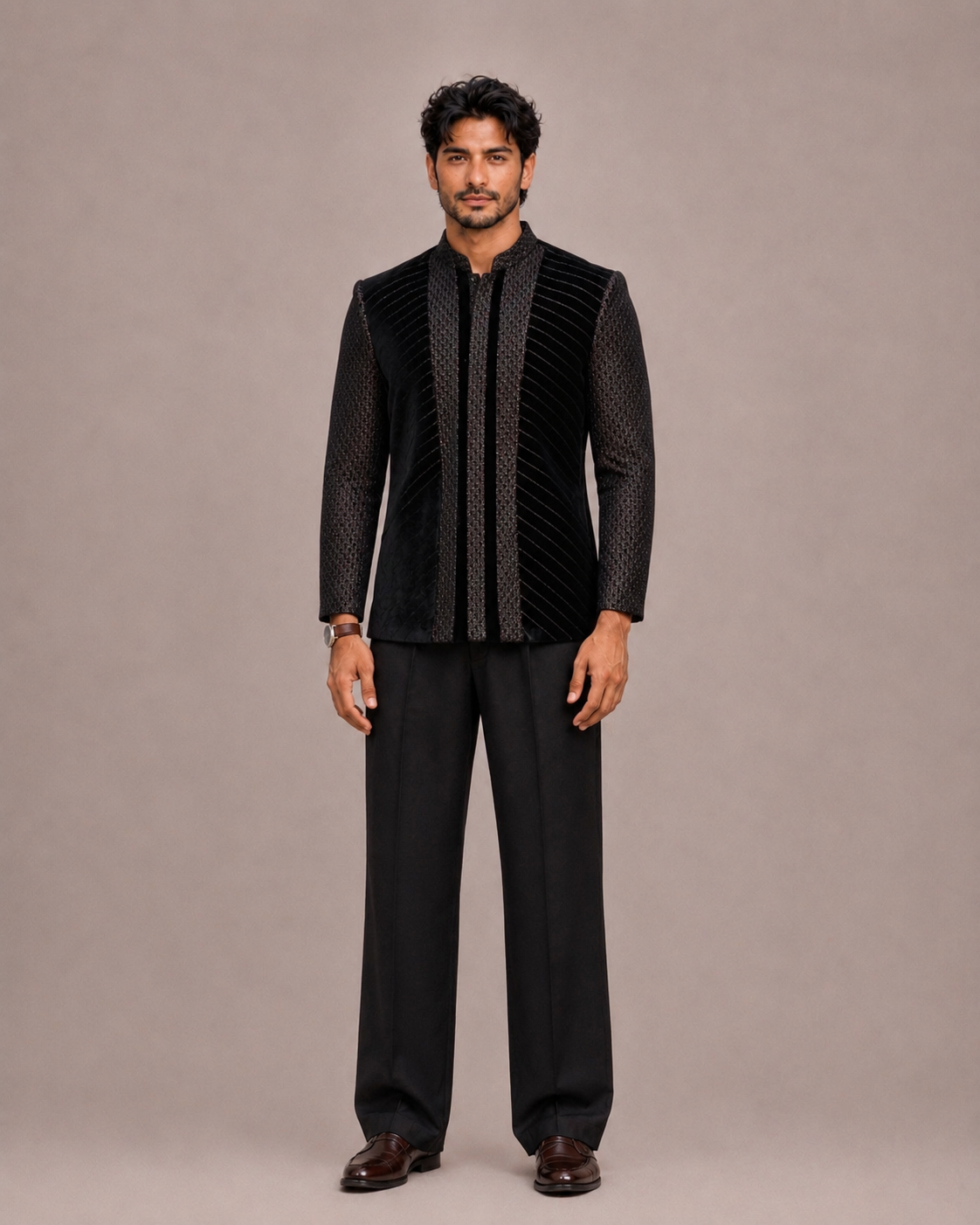 Black Velvet Open Jodhpuri with Machine Embroidery and Thread Work