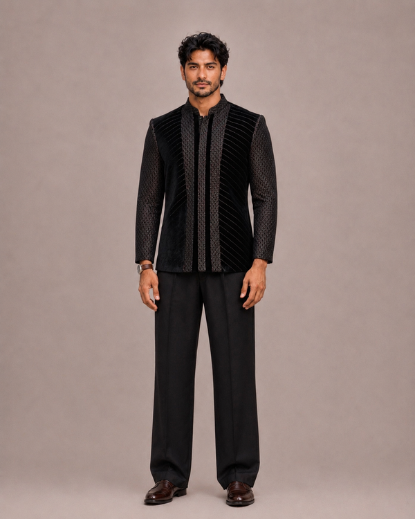 Black Velvet Open Jodhpuri with Machine Embroidery and Thread Work