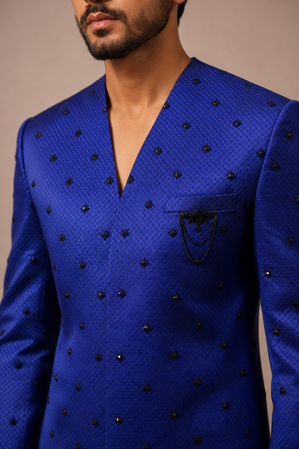 Blue Italian Fabric Sherwani with High Neck and Cutdana Work