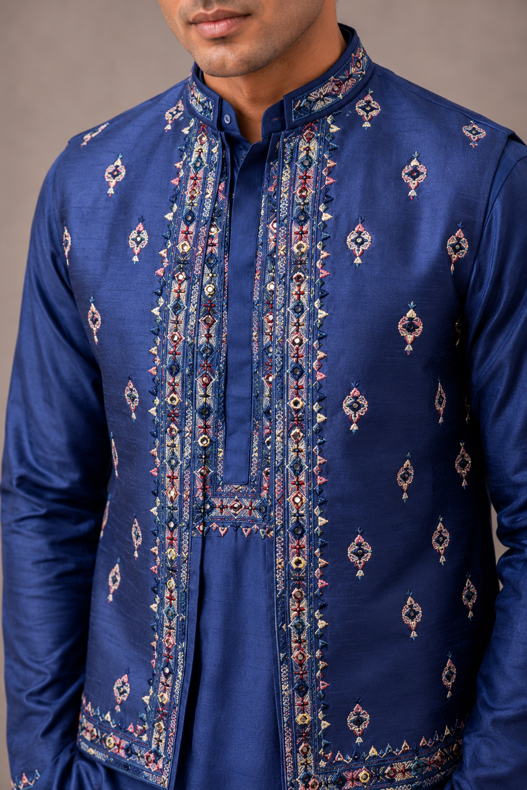 Blue Silk Jacket Set with Machine Embroidery and Mirror Work