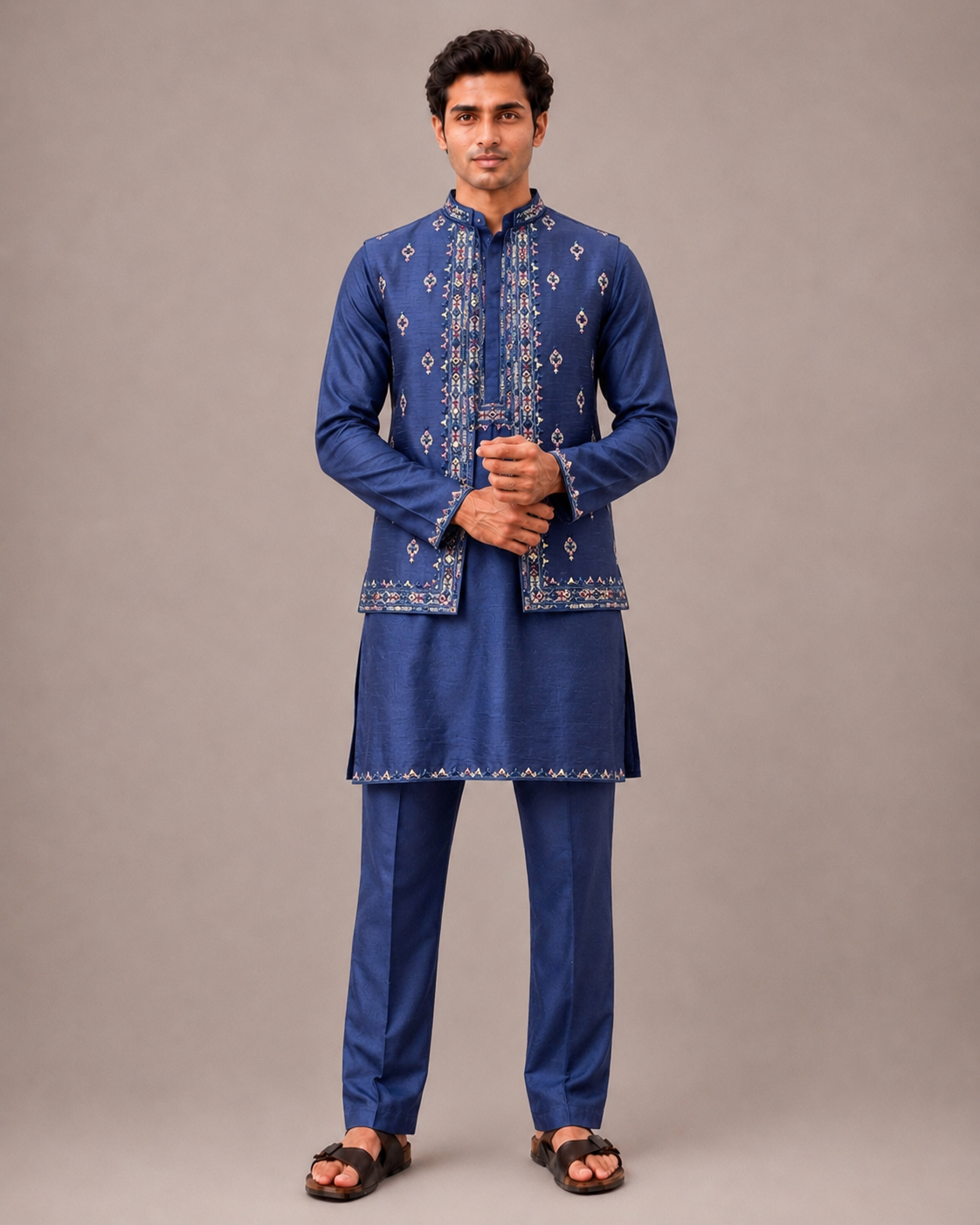 Blue Silk Jacket Set with Machine Embroidery and Mirror Work
