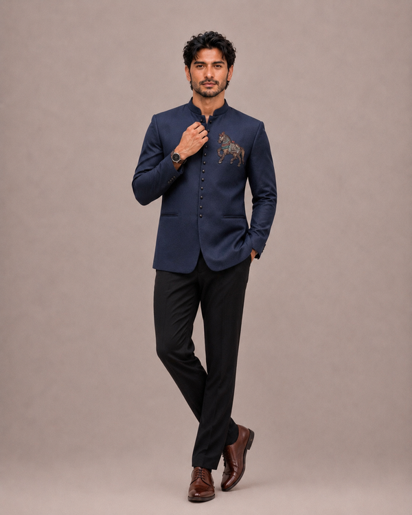 Blue Silk Jodhpuri Suit with Hand Work