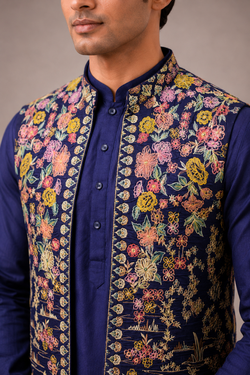 Blue Silk Koti with Machine Embroidery Work