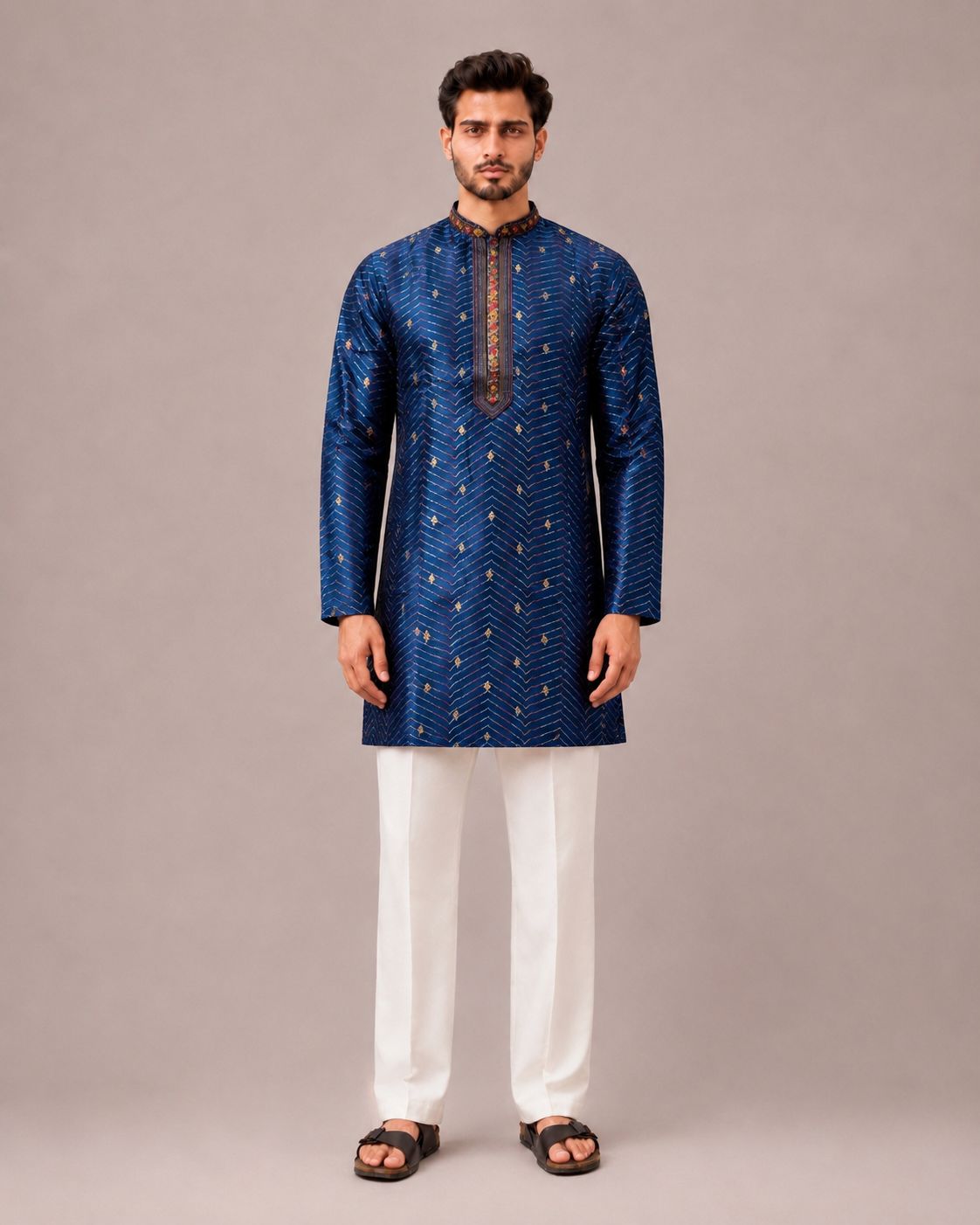 Blue Silk Kurta Set with Print and Thread Embroidery Work