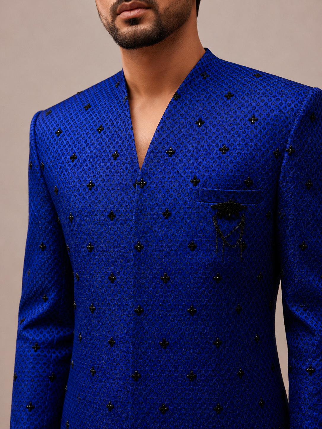 Blue Silk Sherwani with Cutdana Work