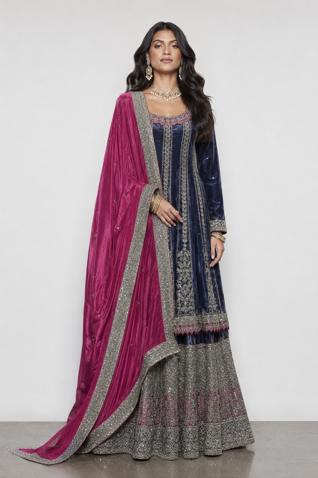 Blue Simmer Silk Indo Western Dress with Sirojki Jari Work