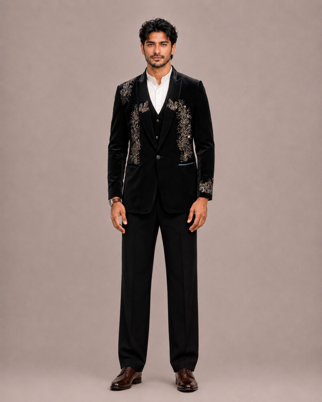 Blue Velvet 3 Piece Suit with Hand Work