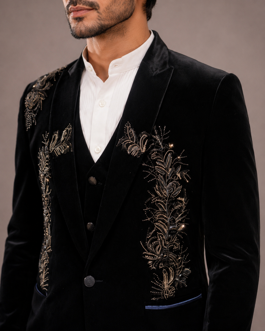 Blue Velvet 3 Piece Suit with Hand Work