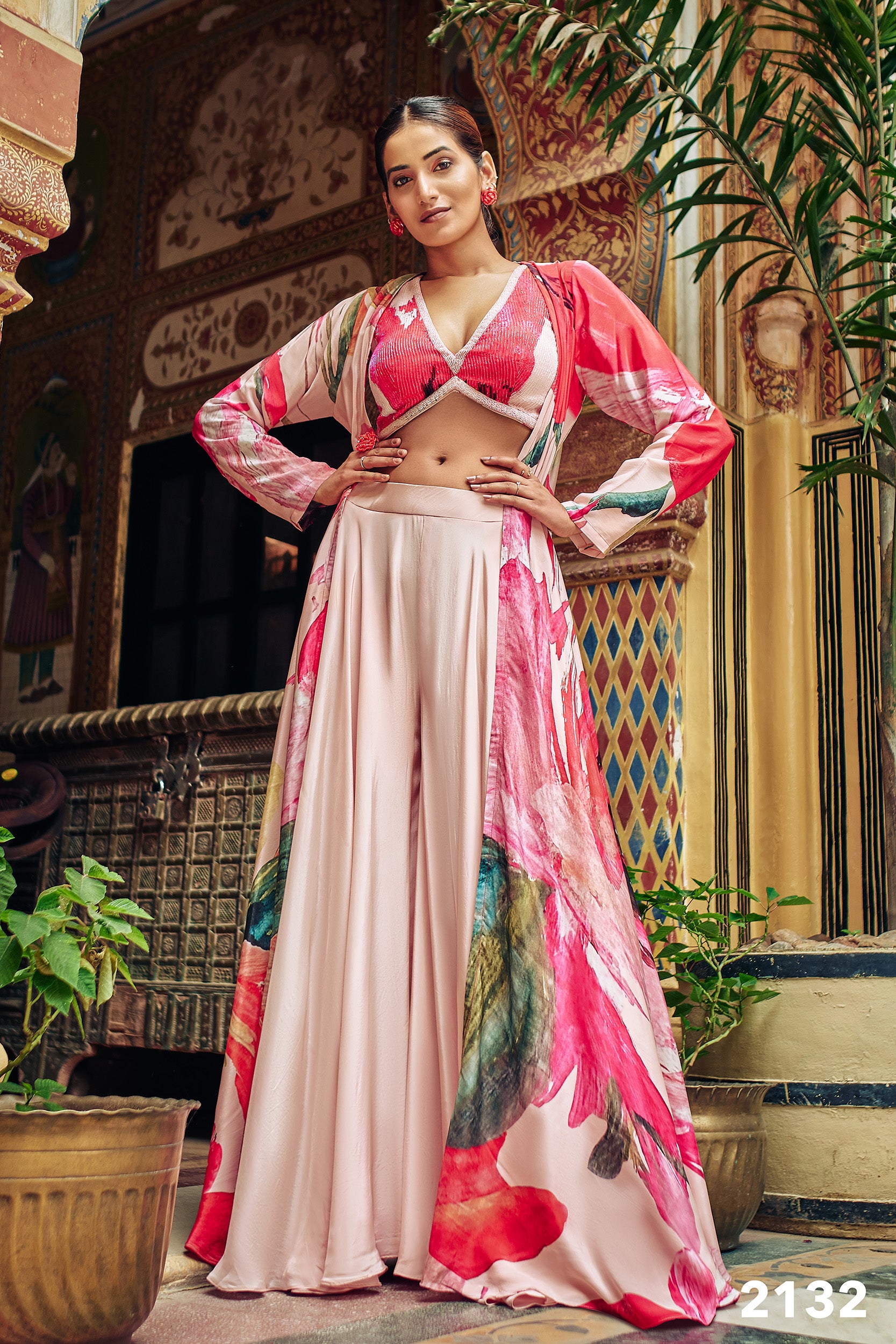 Powder Pink Long Jacket Set with Embroidered Blouse - Shreeman