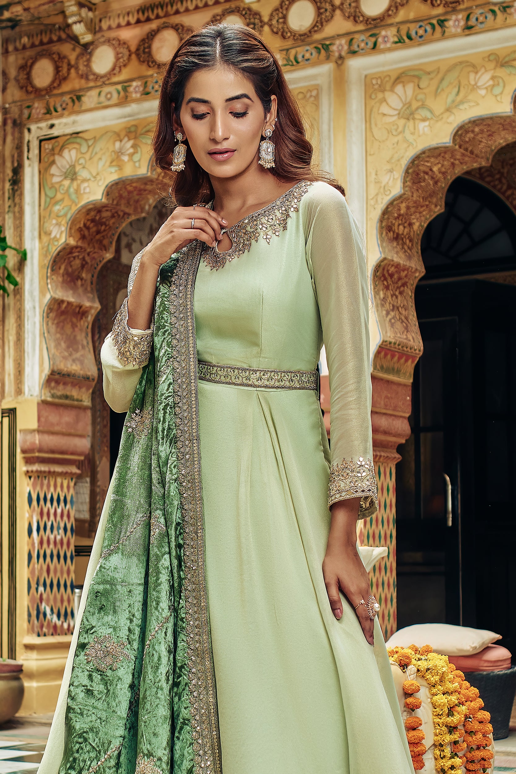 Pastel Green Anarkali Set with Hand Embroidery - Shreeman