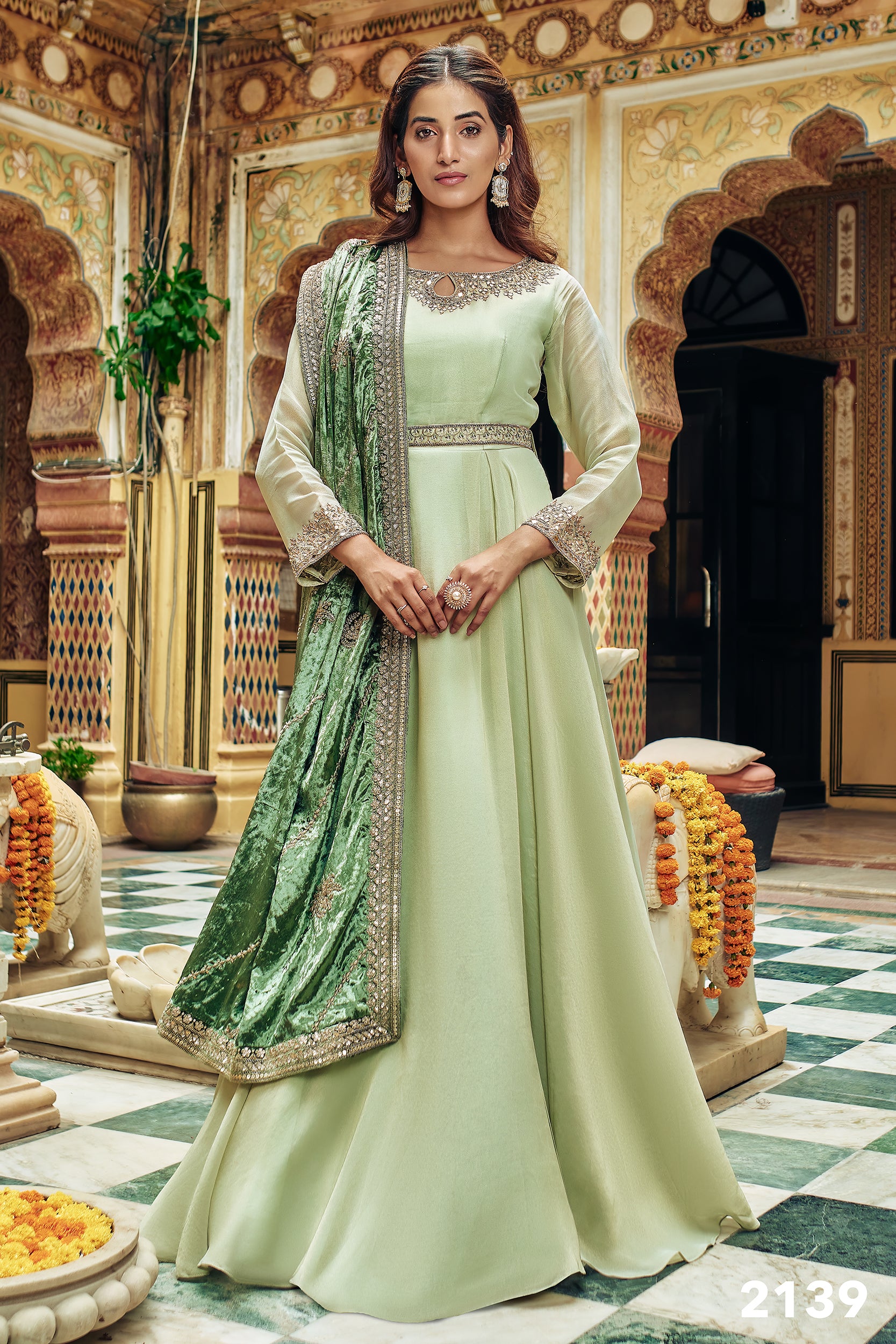 Pastel Green Anarkali Set with Hand Embroidery - Shreeman