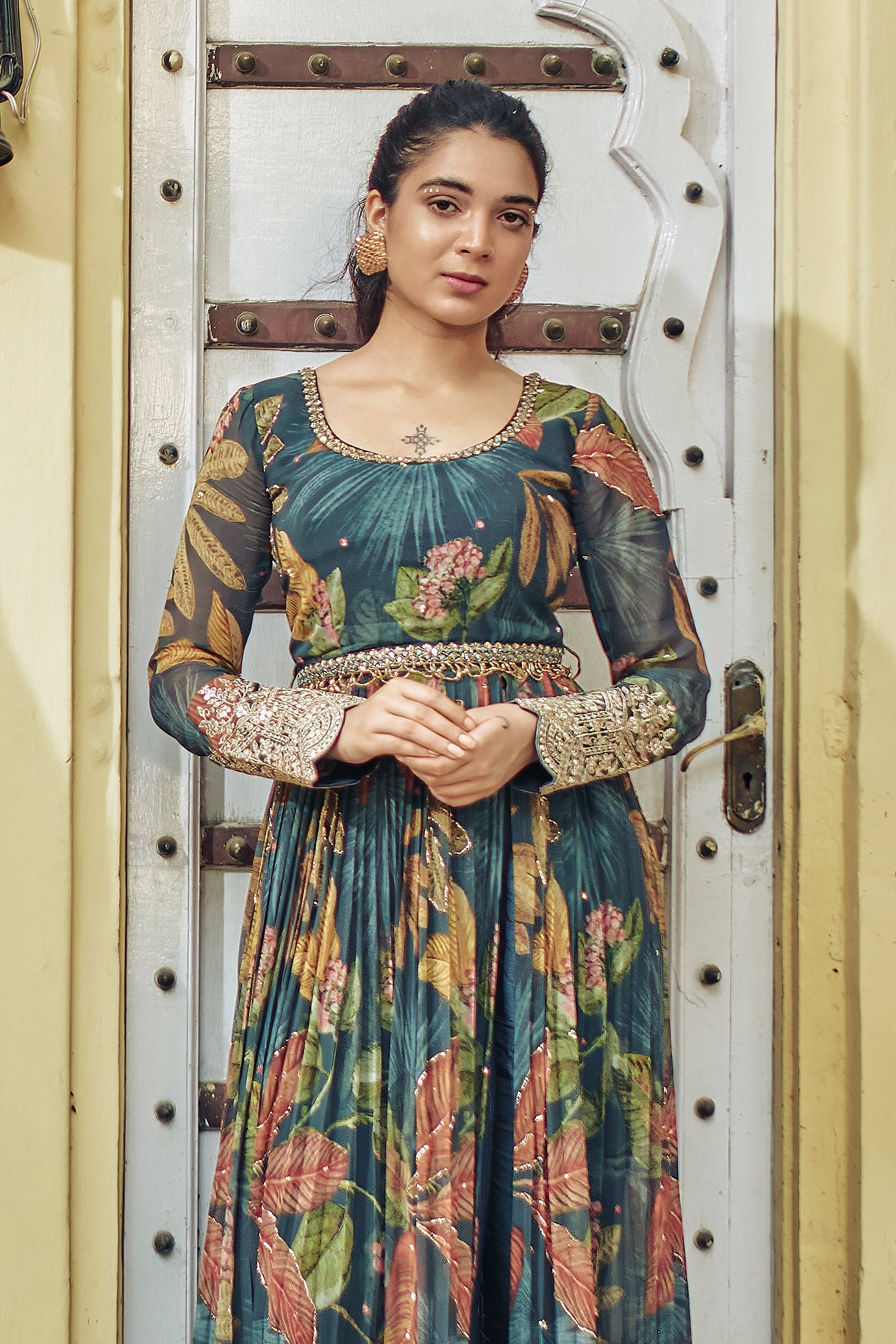 Blue Floral Kurti Set with Embroidery - Shreeman