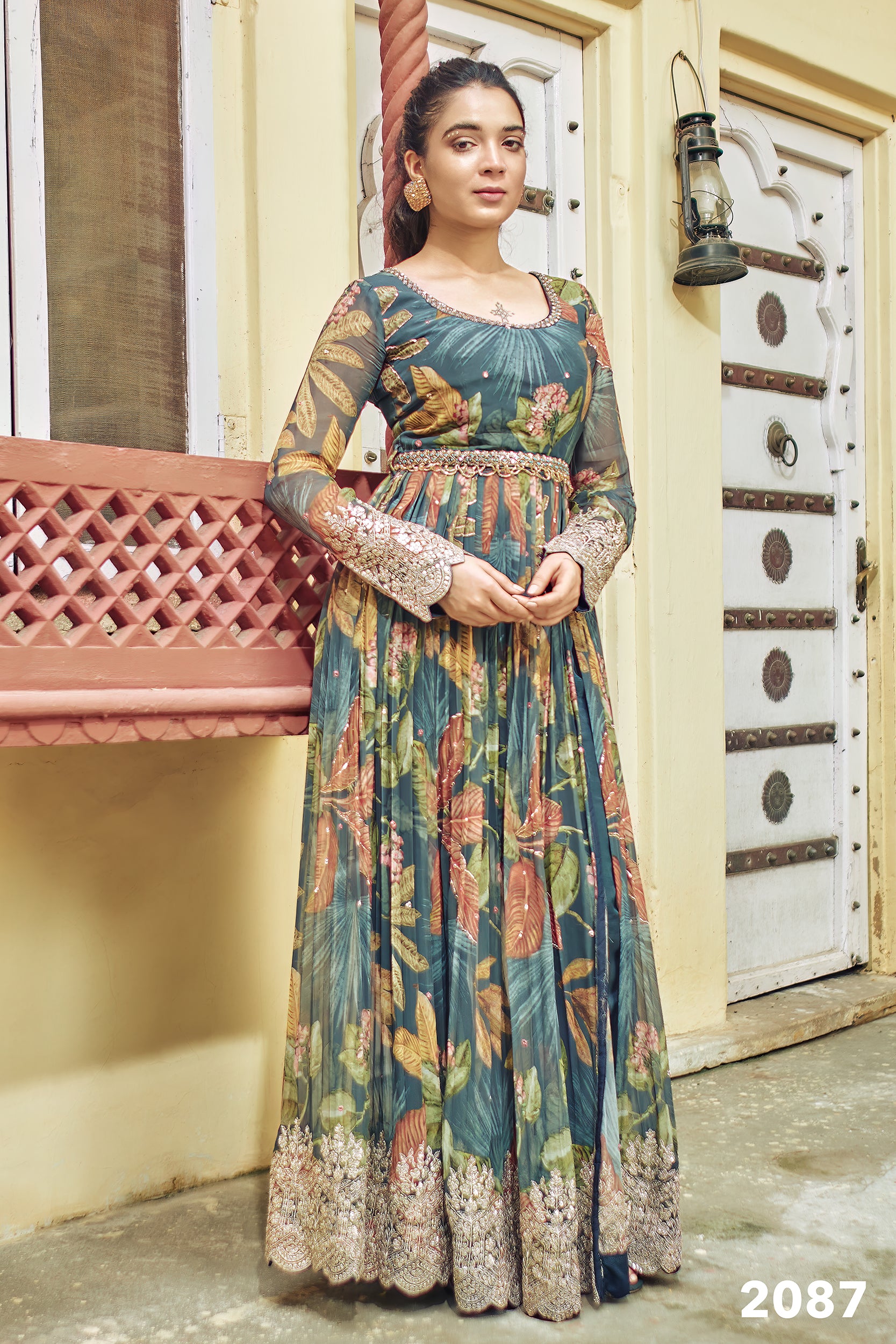 Blue Floral Kurti Set with Embroidery - Shreeman