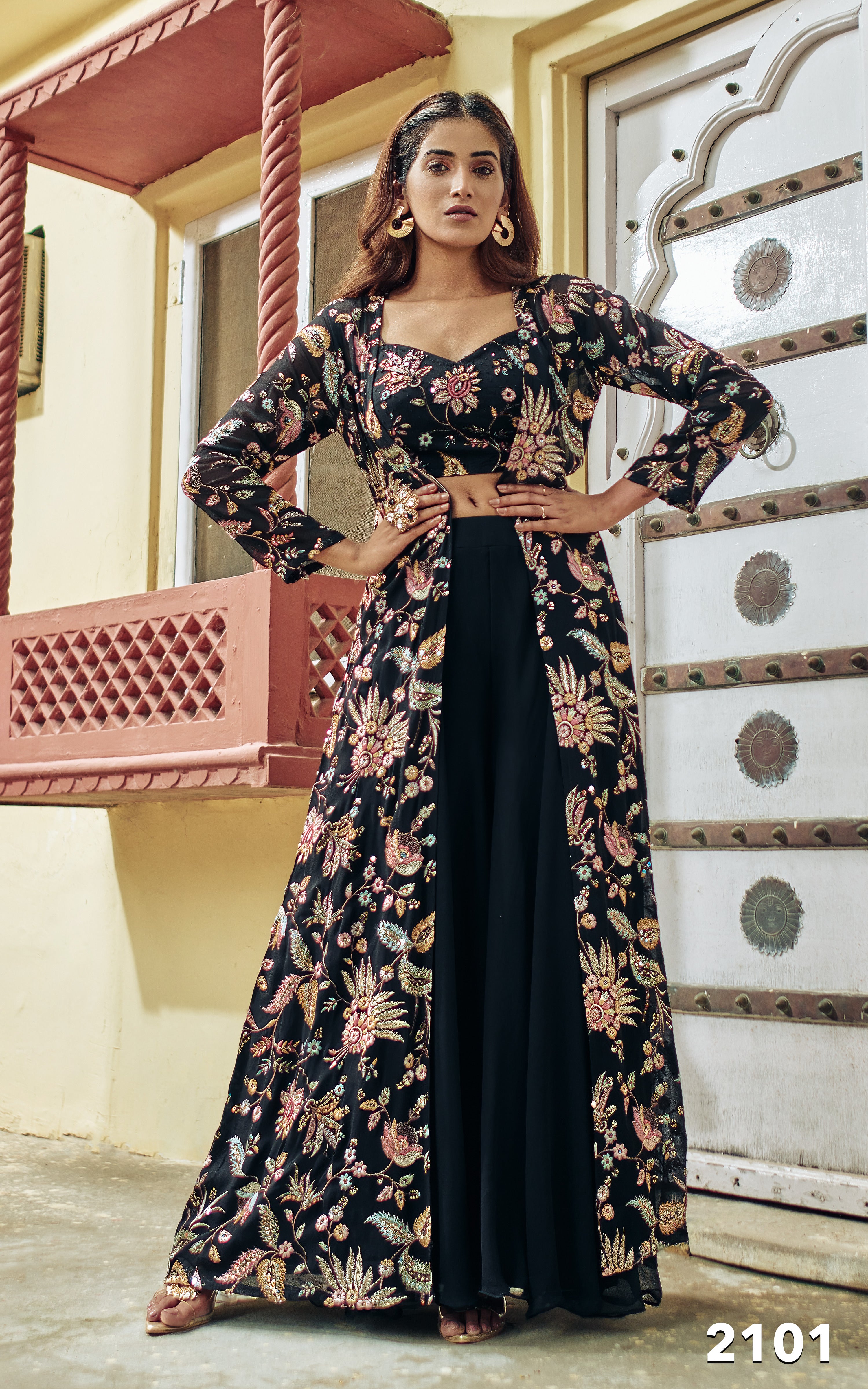 Black Floral Embroidered Long Cape Set - Shreeman