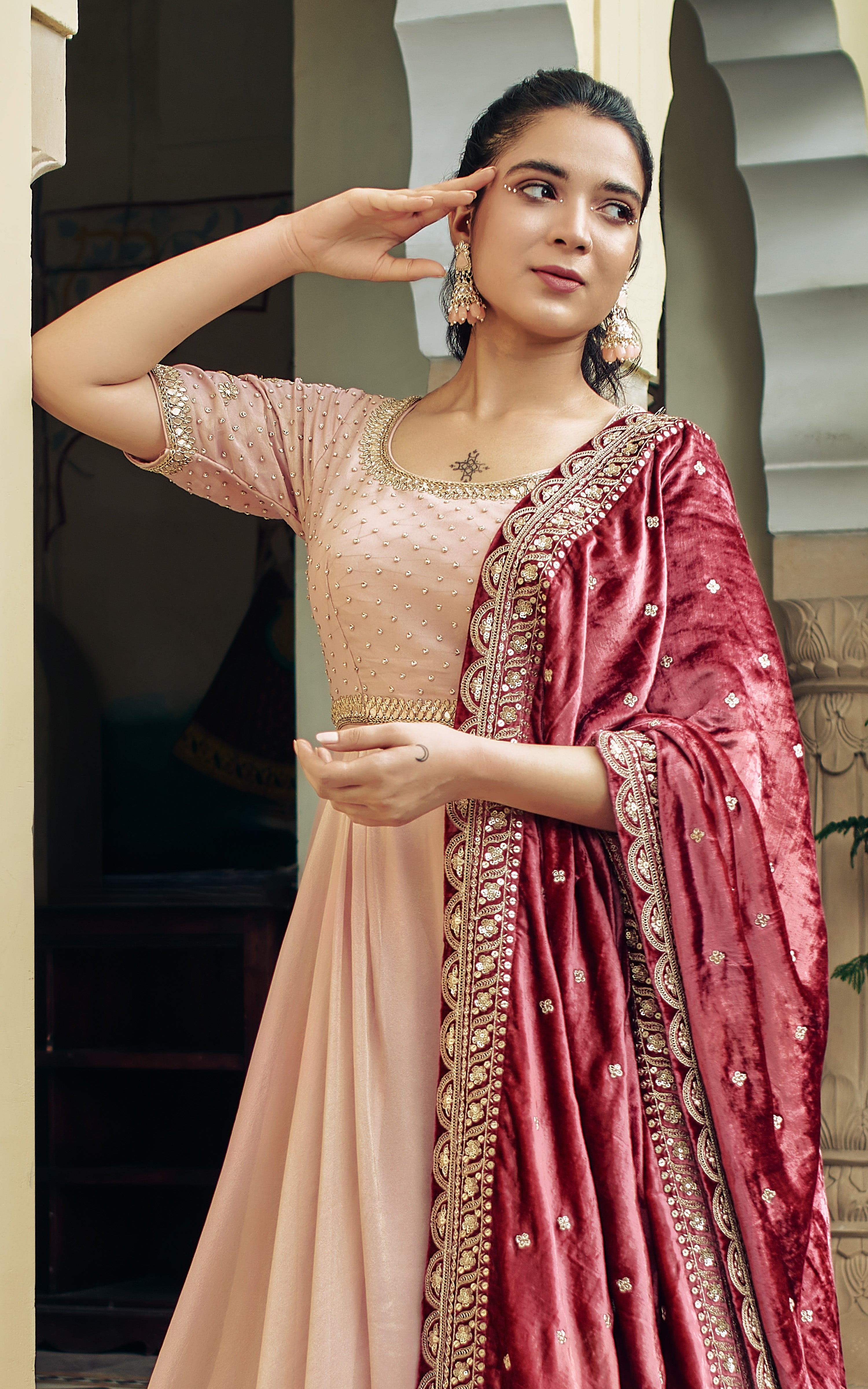 Peach Anarkali with Embroidered Dupatta - Shreeman