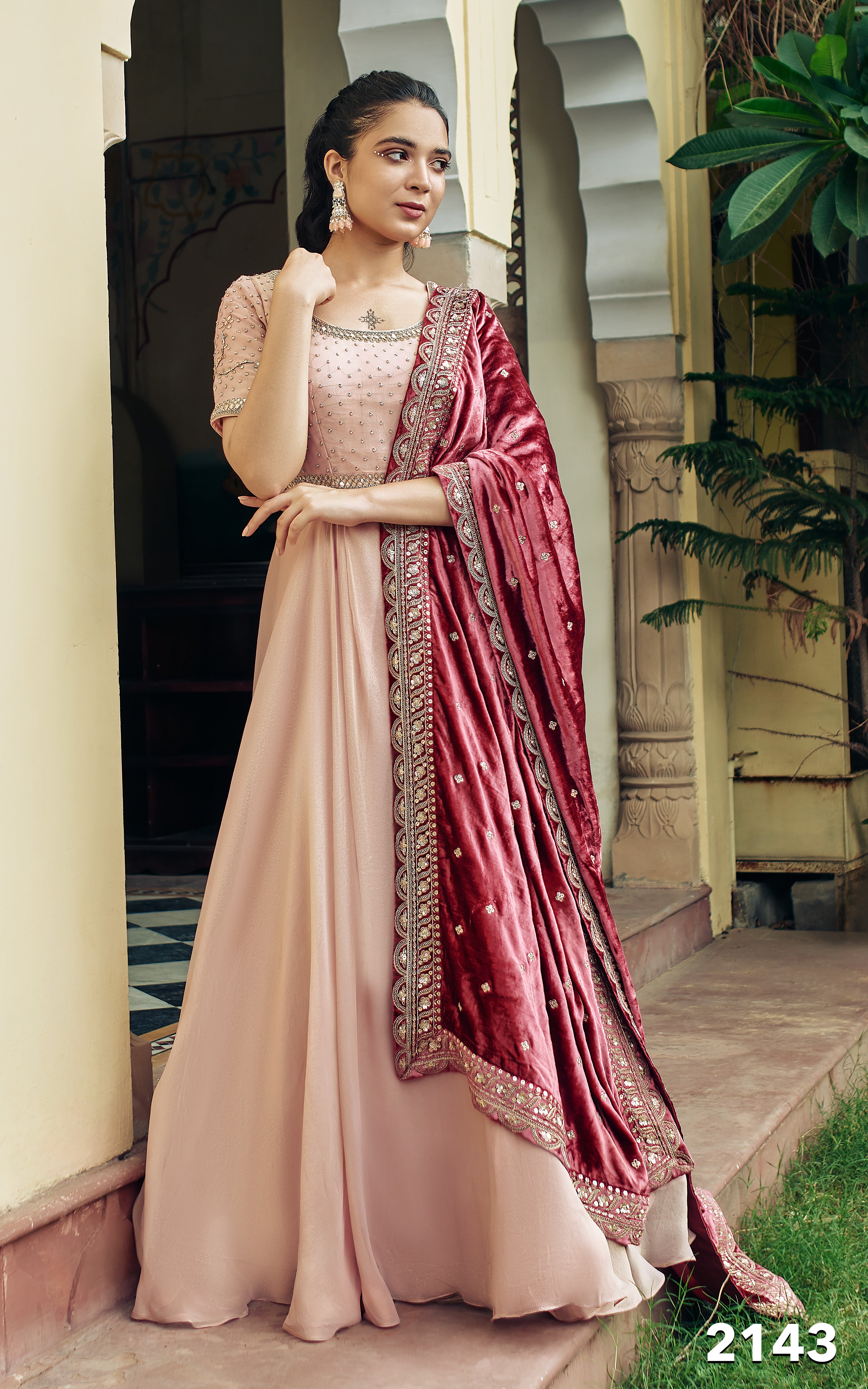 Peach Anarkali with Embroidered Dupatta - Shreeman