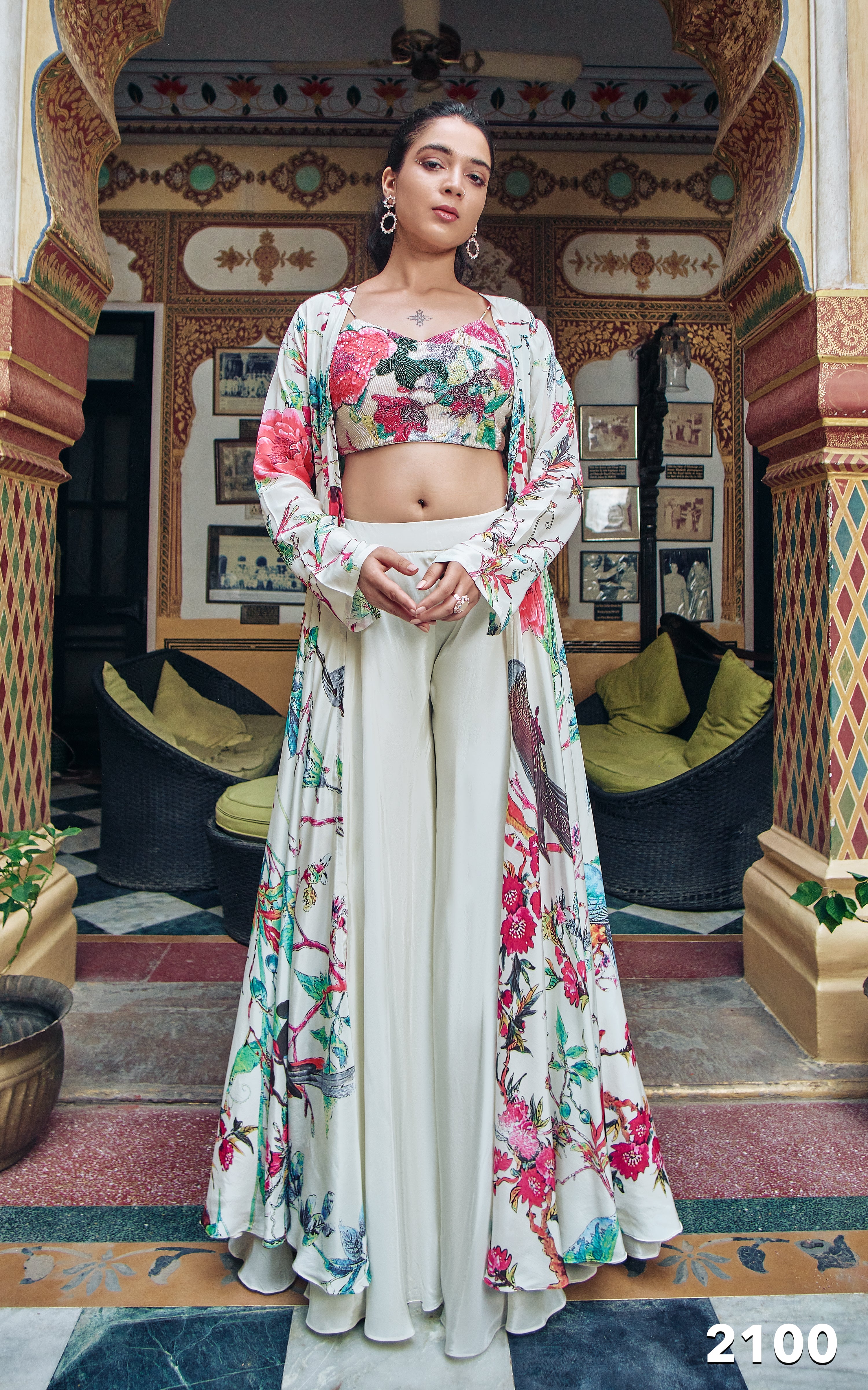 Ivory Floral Long Jacket Set - Shreeman