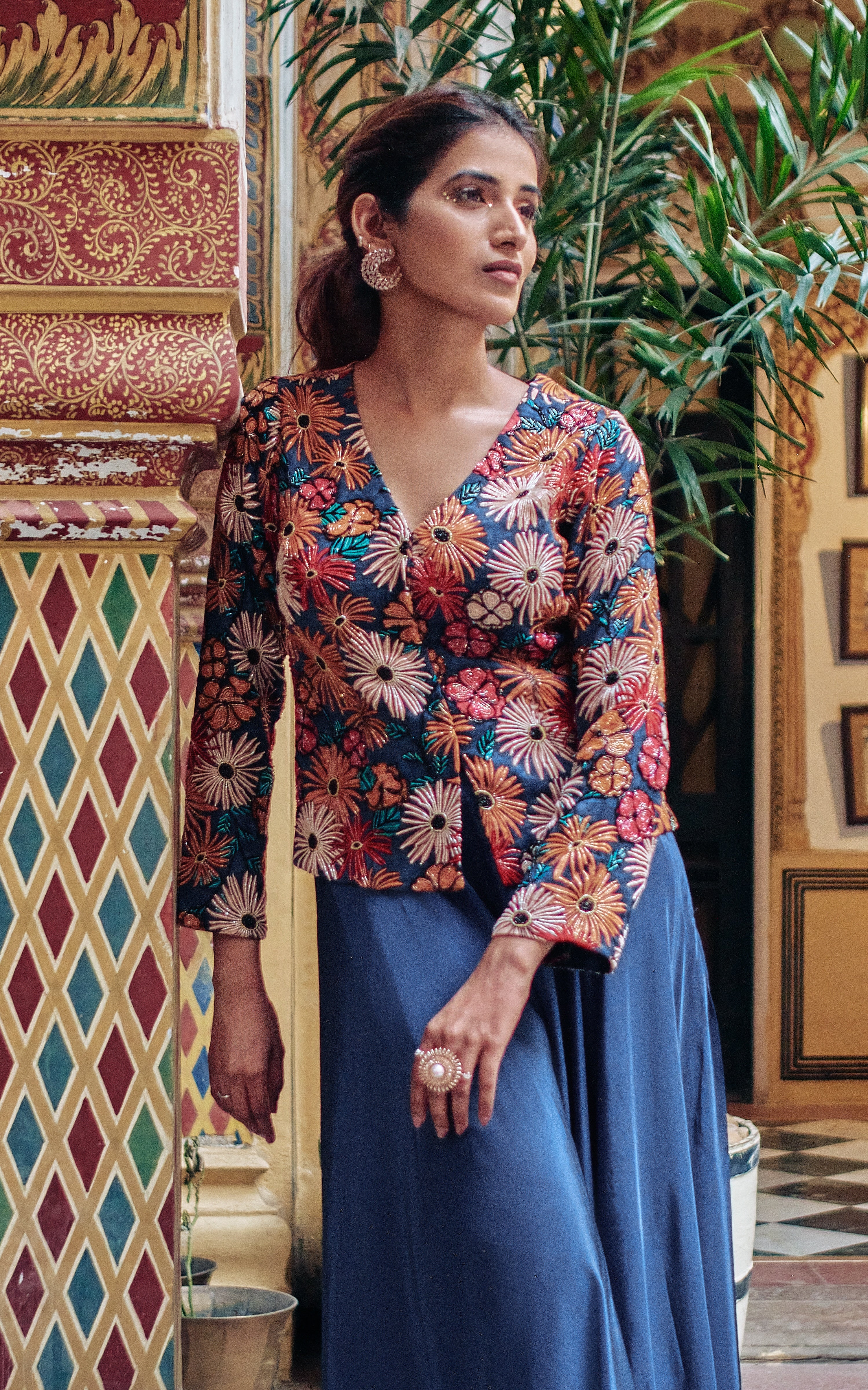 Dark Blue Floral Embroidered Jacket Set - Shreeman