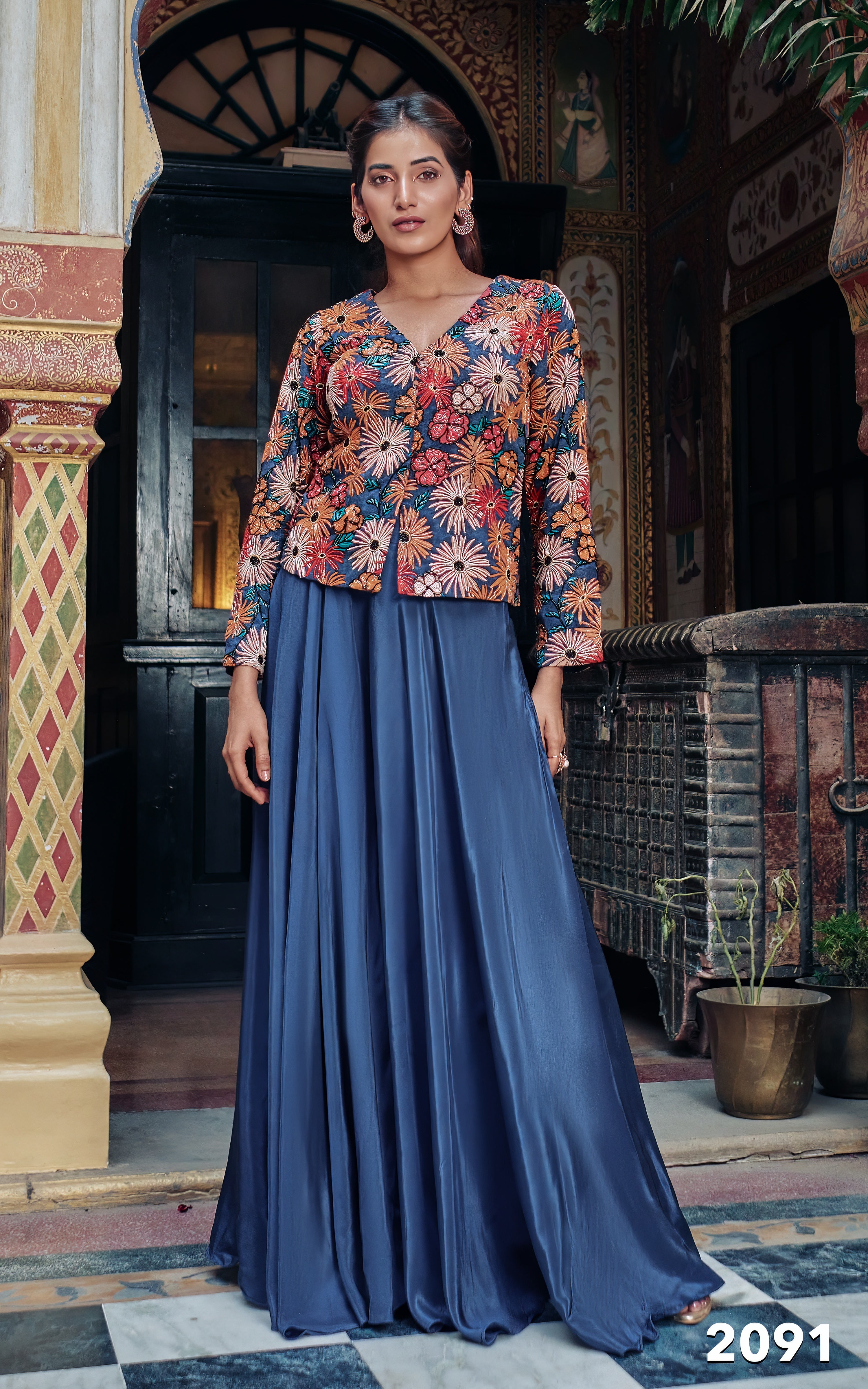 Dark Blue Floral Embroidered Jacket Set - Shreeman