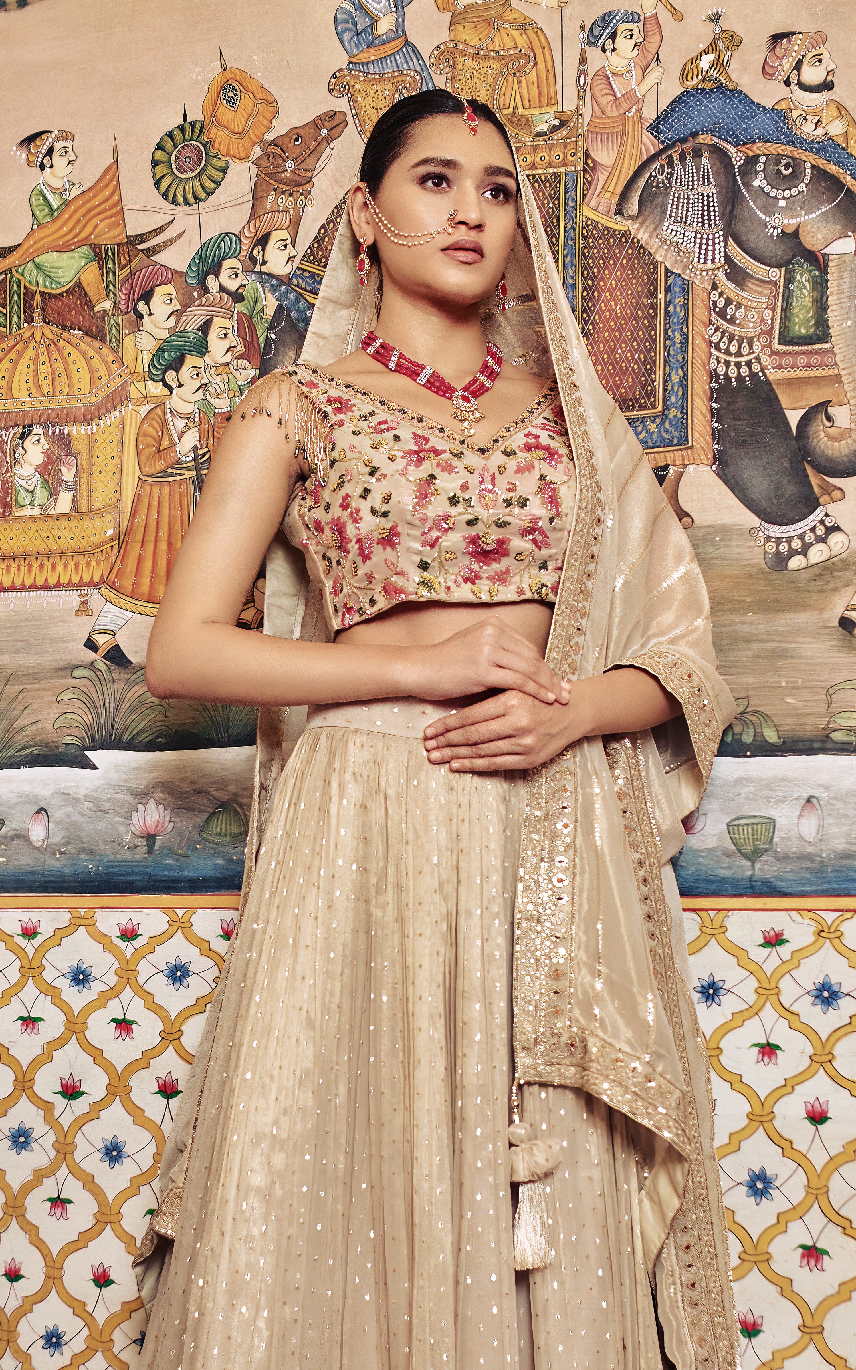 Beige Floral Embroidered Lehenga Set - Shreeman