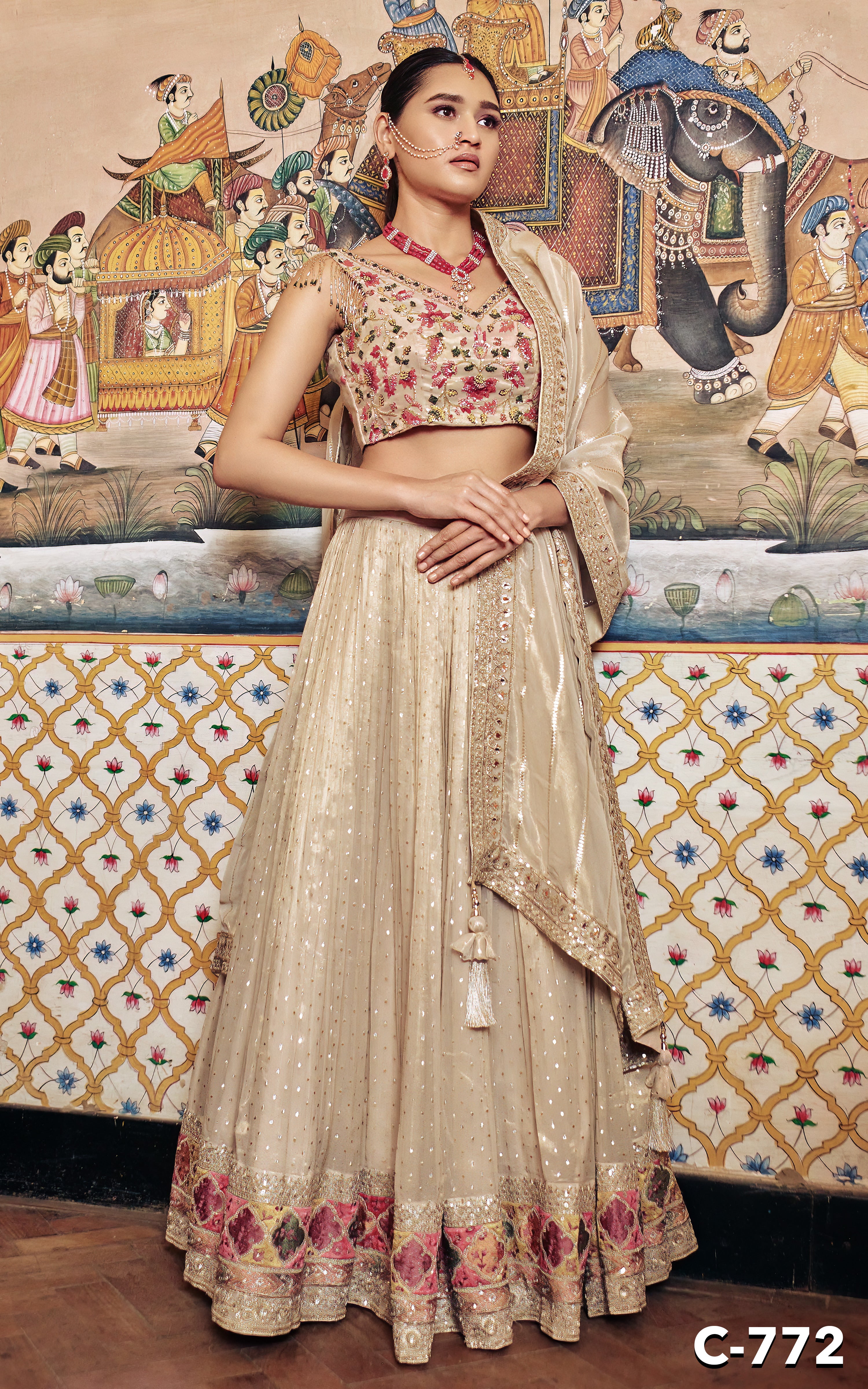 Beige Floral Embroidered Lehenga Set - Shreeman