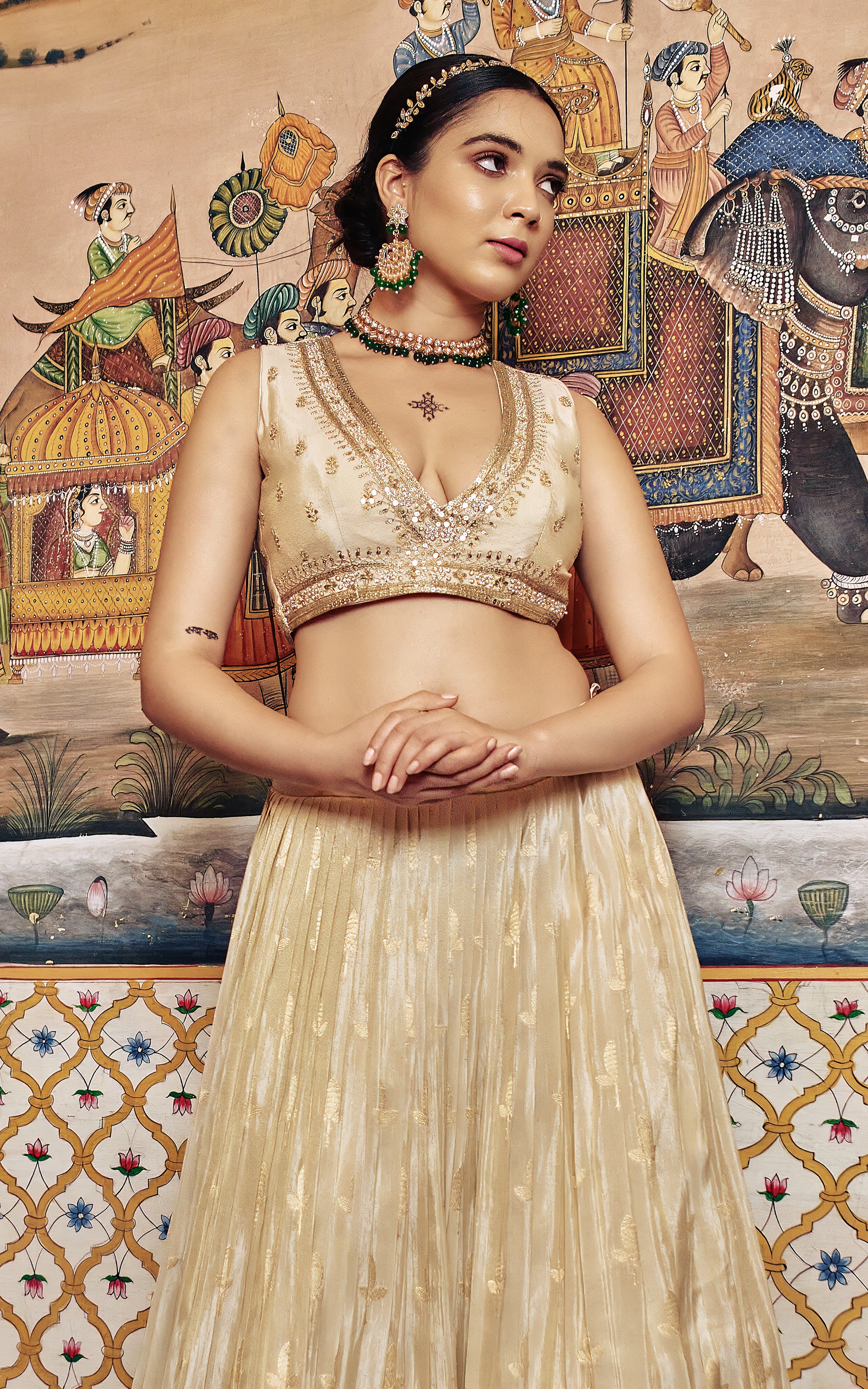 Beige Embroidered Lehenga Set with Zardosi Work - Shreeman