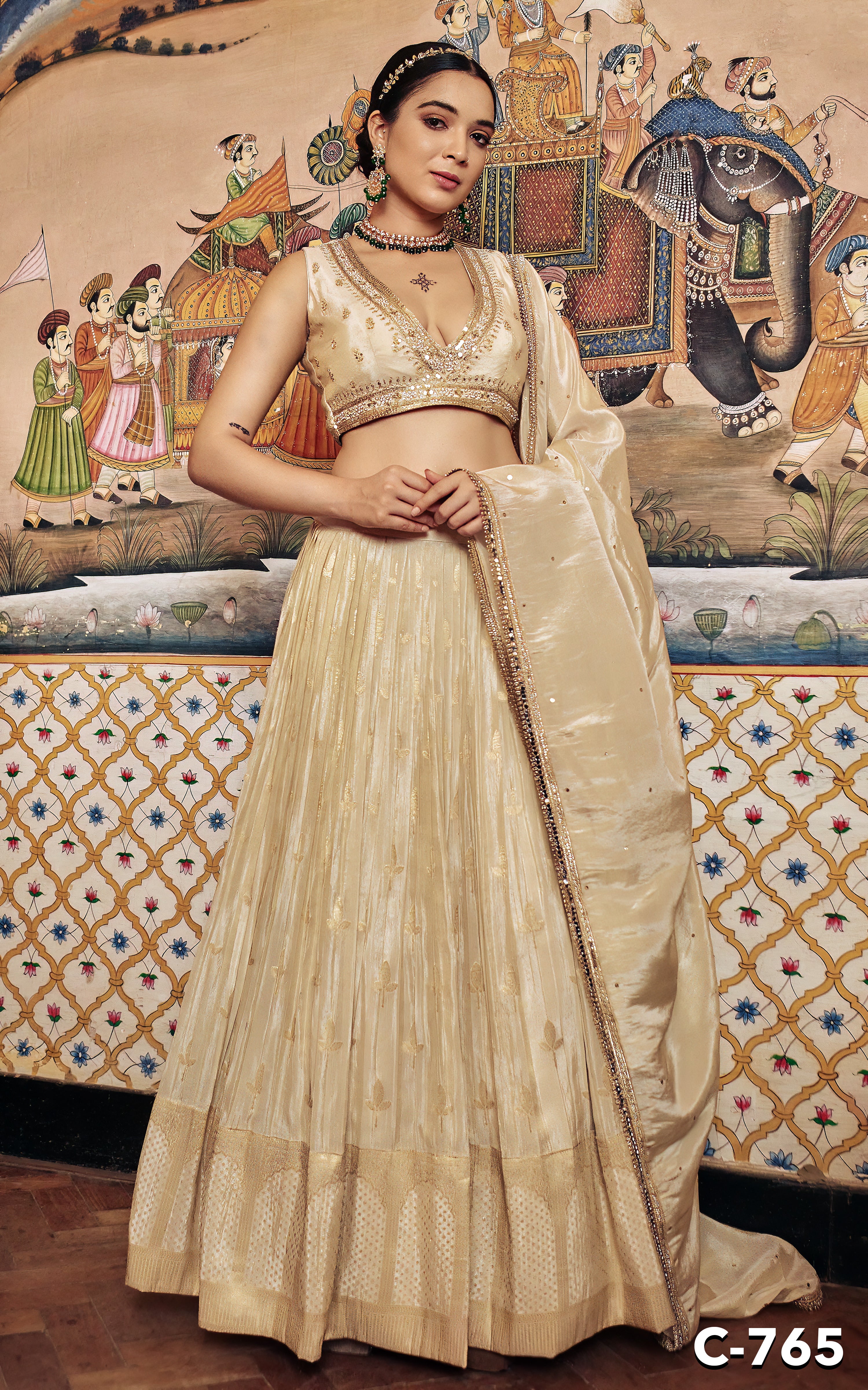 Beige Embroidered Lehenga Set with Zardosi Work - Shreeman