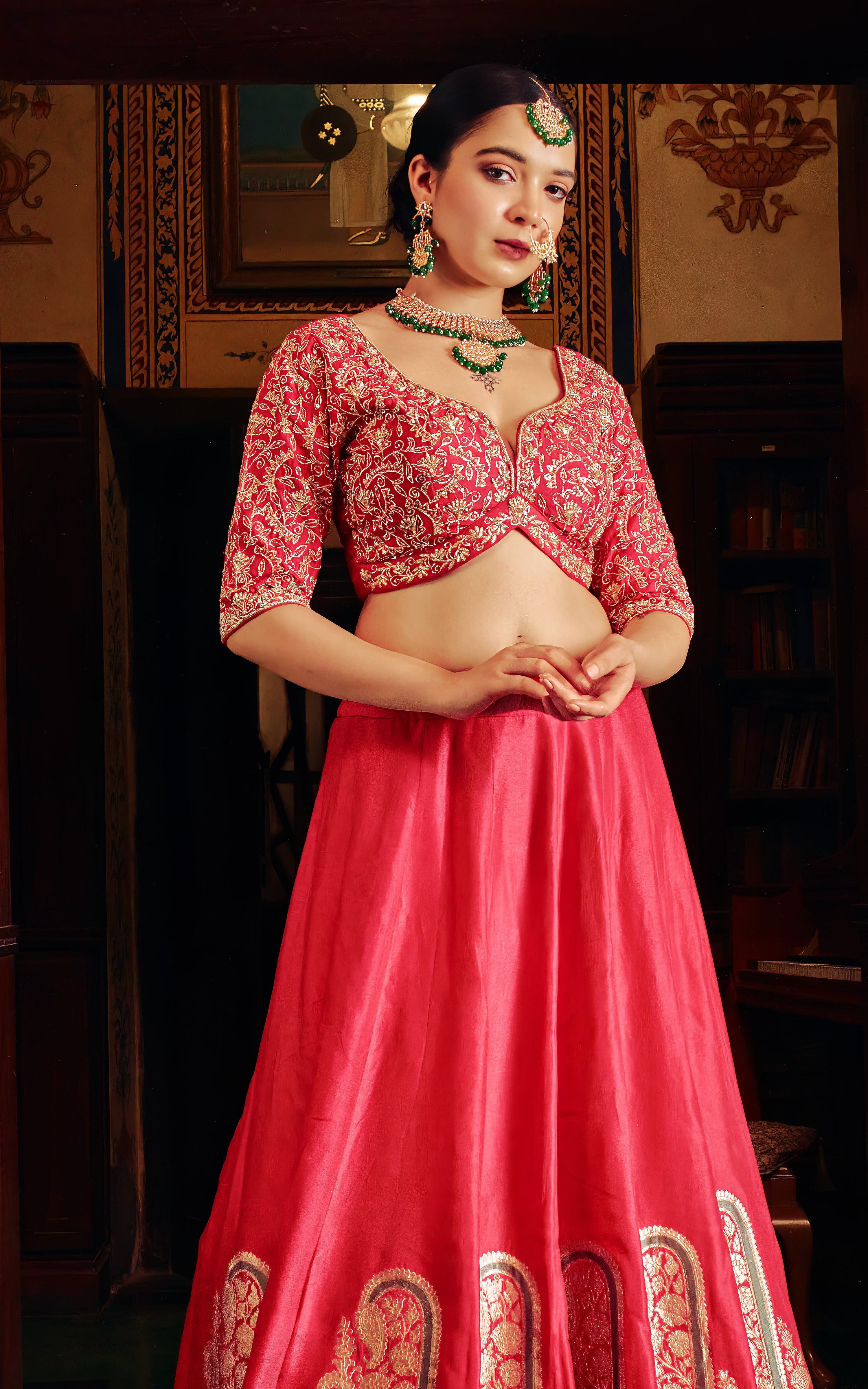 Red Embroidered Silk Lehenga Set with Traditional Motifs - Shreeman