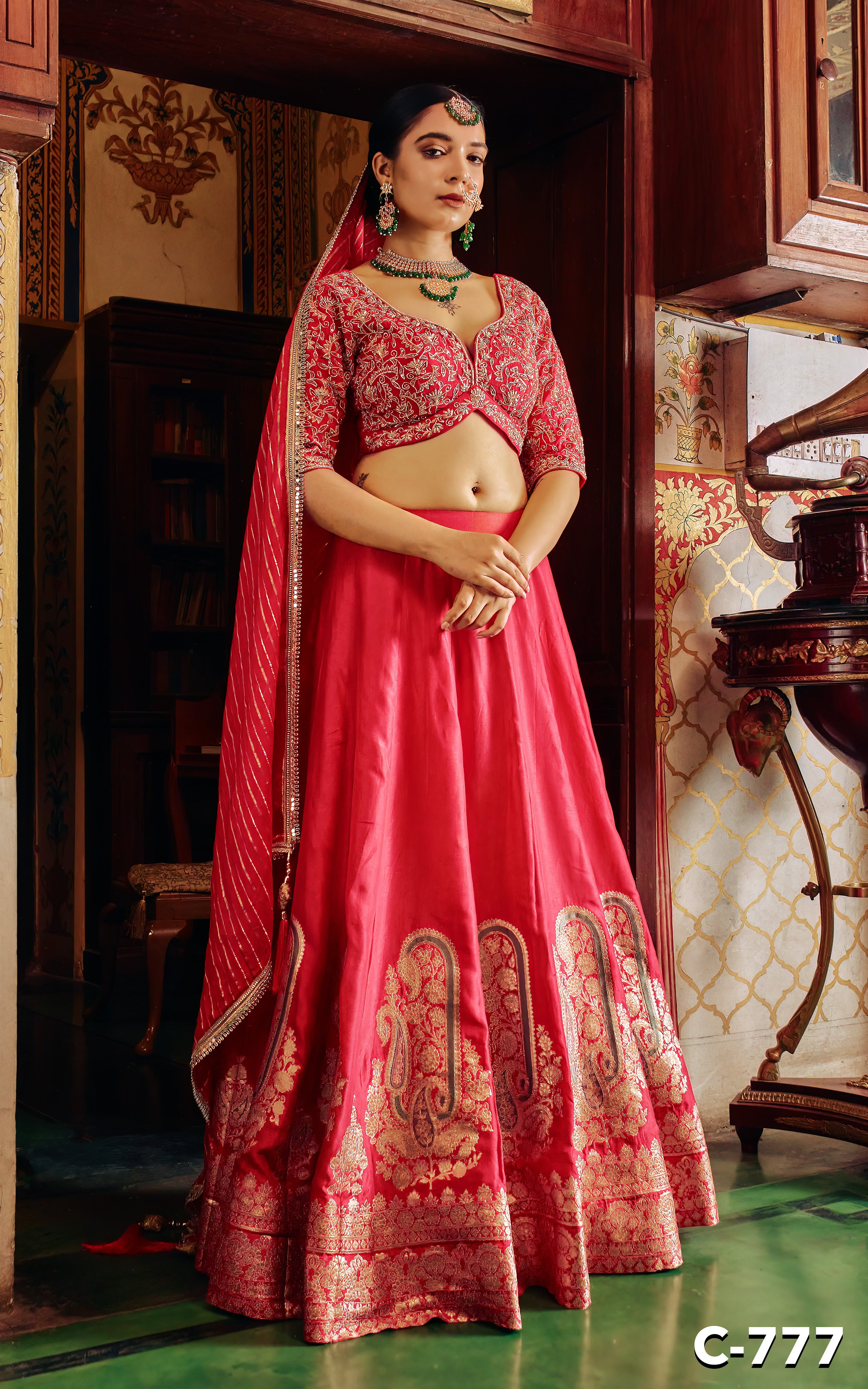 Red Embroidered Silk Lehenga Set with Traditional Motifs - Shreeman