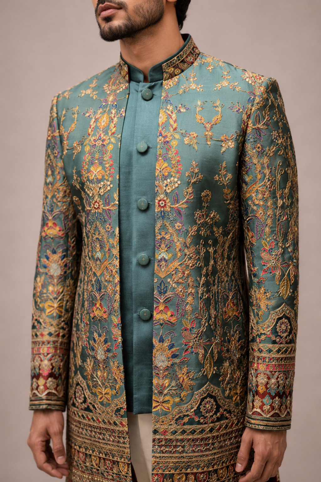 Bottle Green Satin Silk Open Indo Western with Computer Embroidery Work