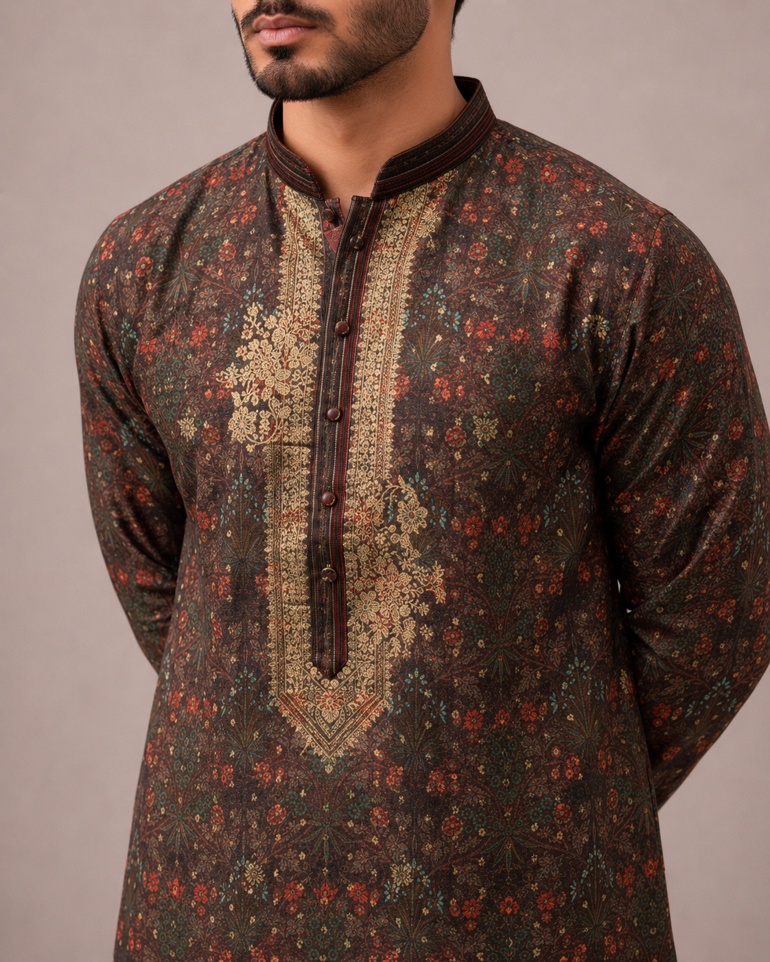 Brown Banaglori Silk Kurta Set for Men with Print Work