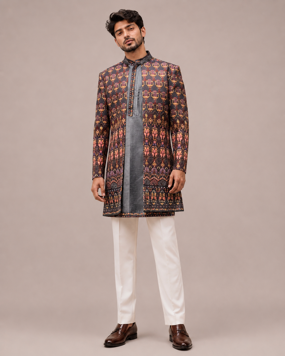 Brown Silk Indo Western for Men with Print Work