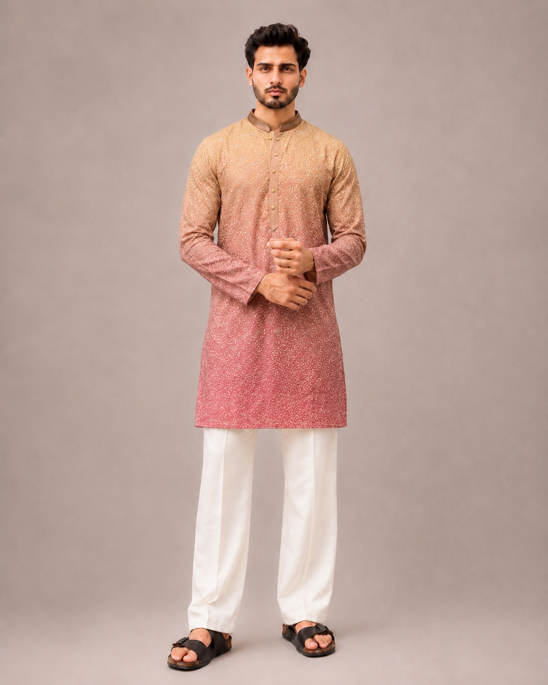 Brown Silk Kurta Set with Aari and Computer Embroidery Work