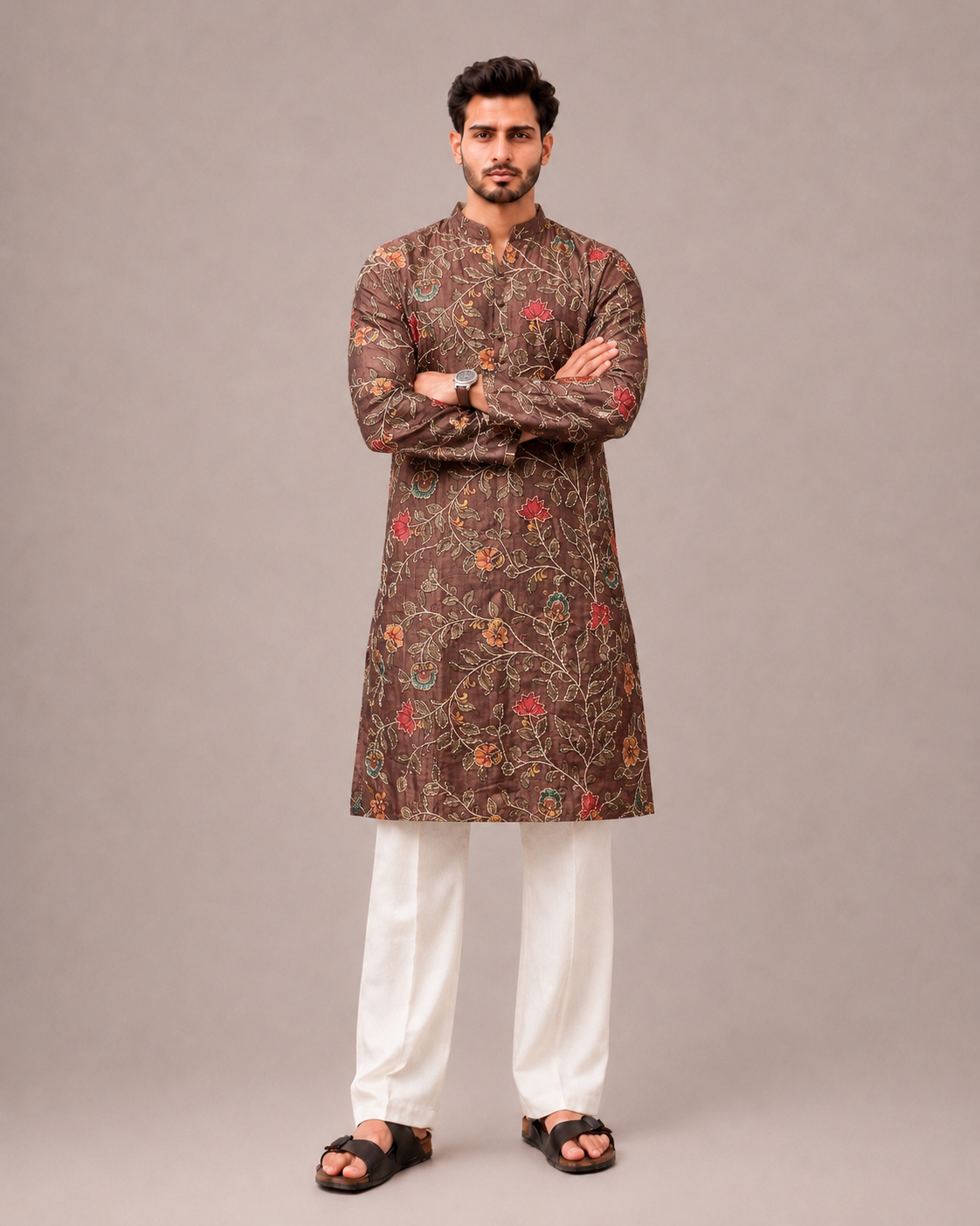 Brown Silk Kurta Set with Print and Thread Work
