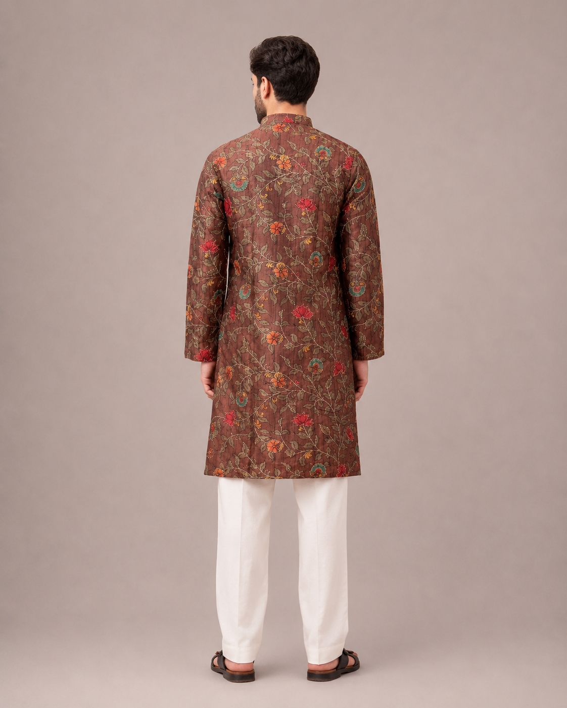 Brown Silk Kurta Set with Print and Thread Work