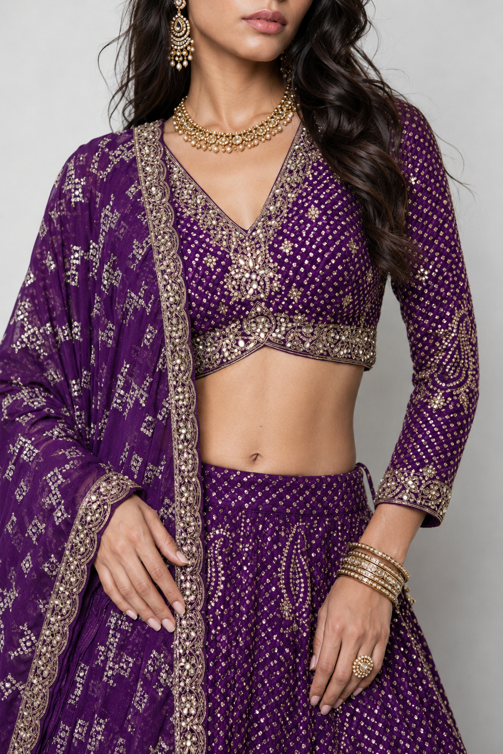 Purple Soft Silk Choli with Zardozi Pal Work and Bandhani Print