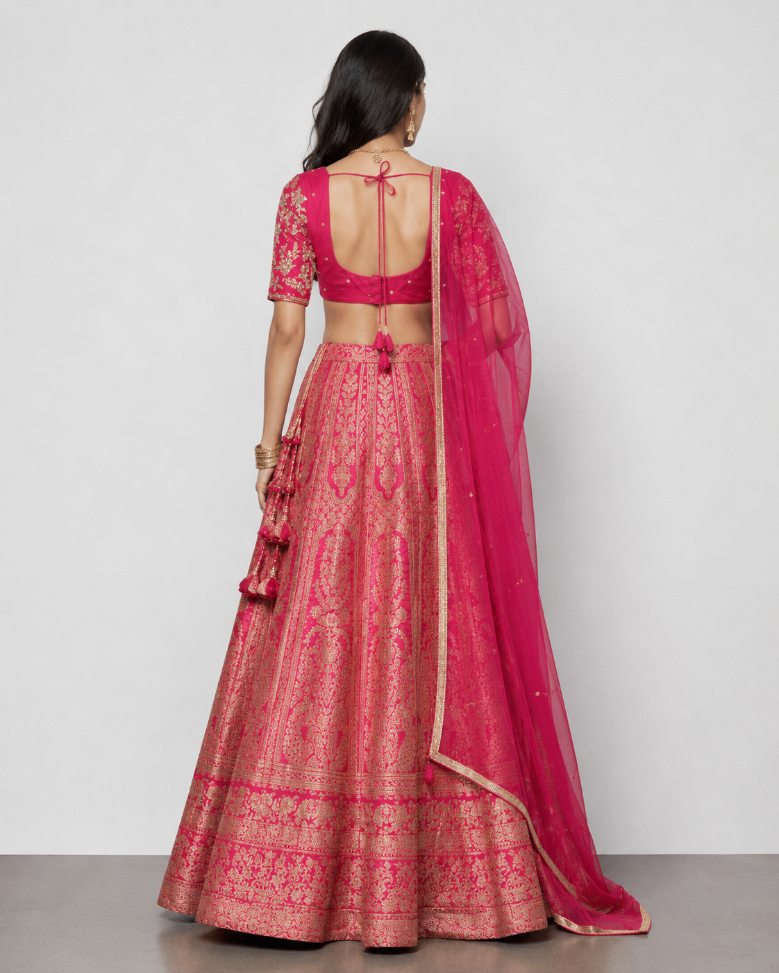 Rani Pink Banarasi Silk Lehenga Choli with Zardozi, Kashab, Moti and Tikki Work
