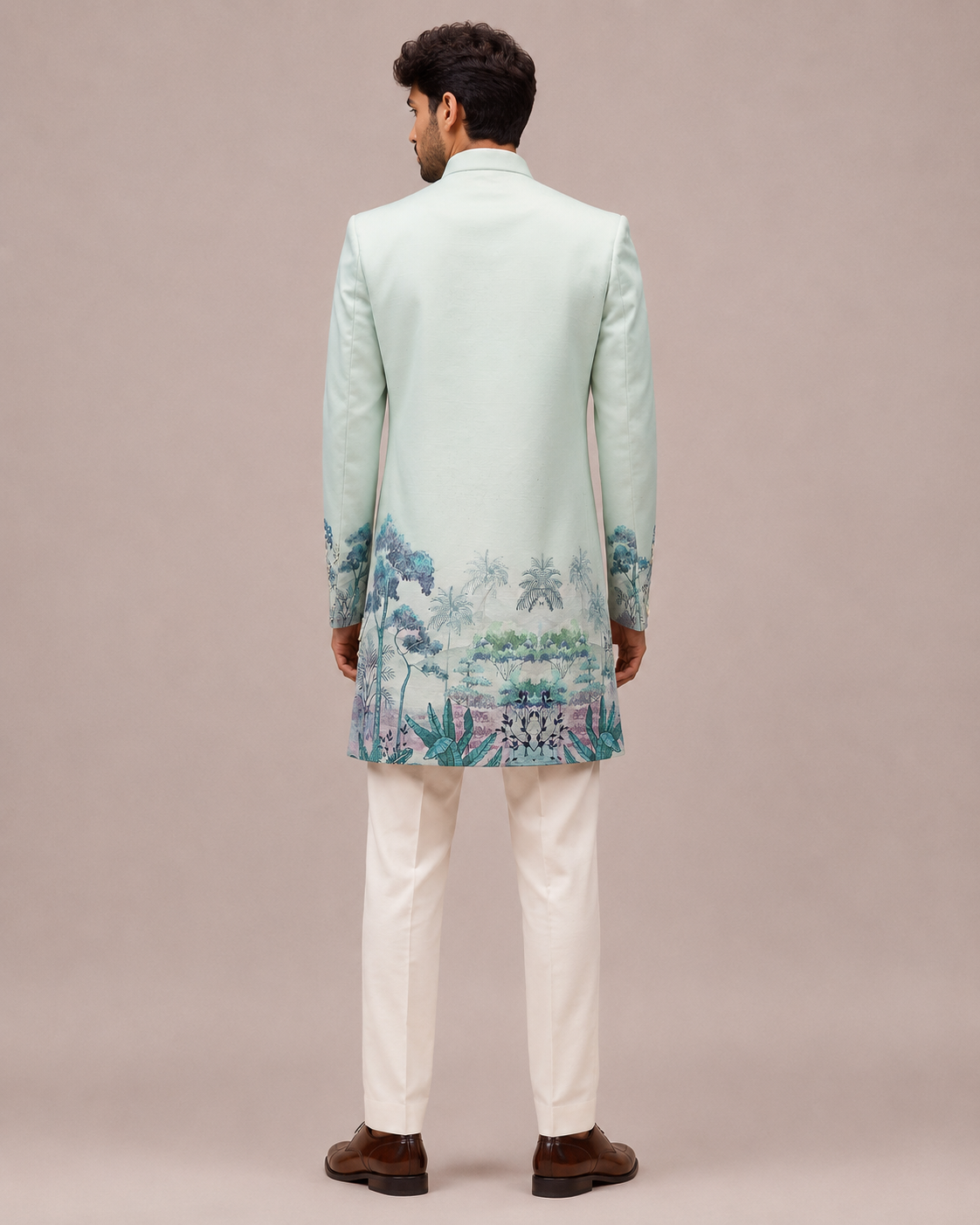 Aqua Silk Indo Western for Men with Hand Print and Hand Work