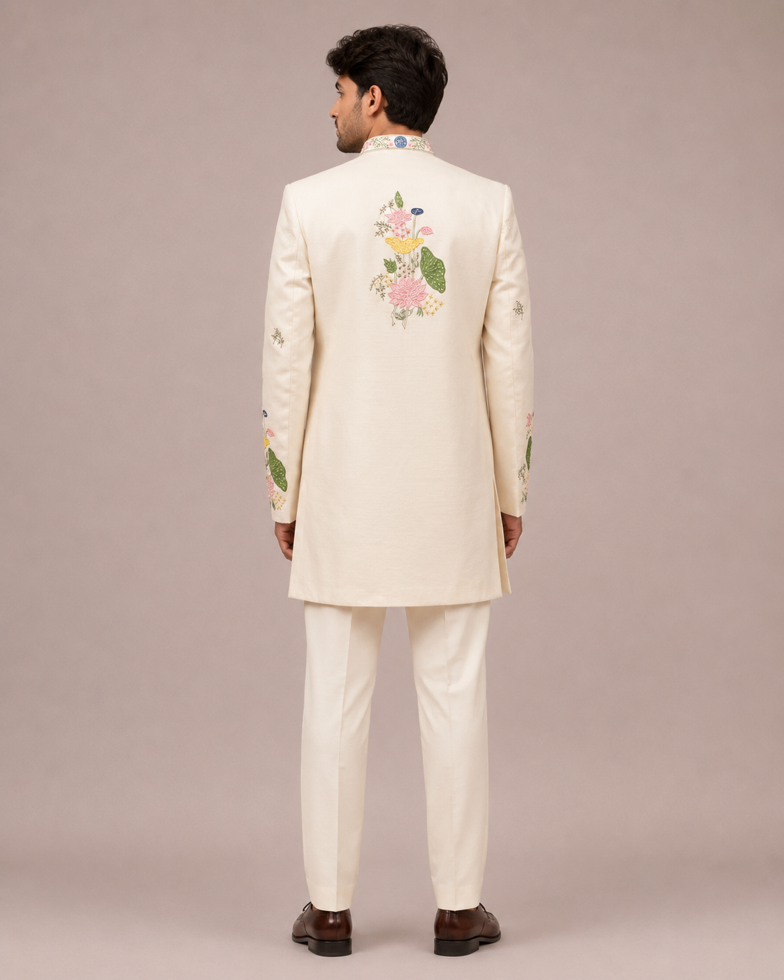 Ivory Satin Silk Indo Western for Men with Hand Print and Hand Work