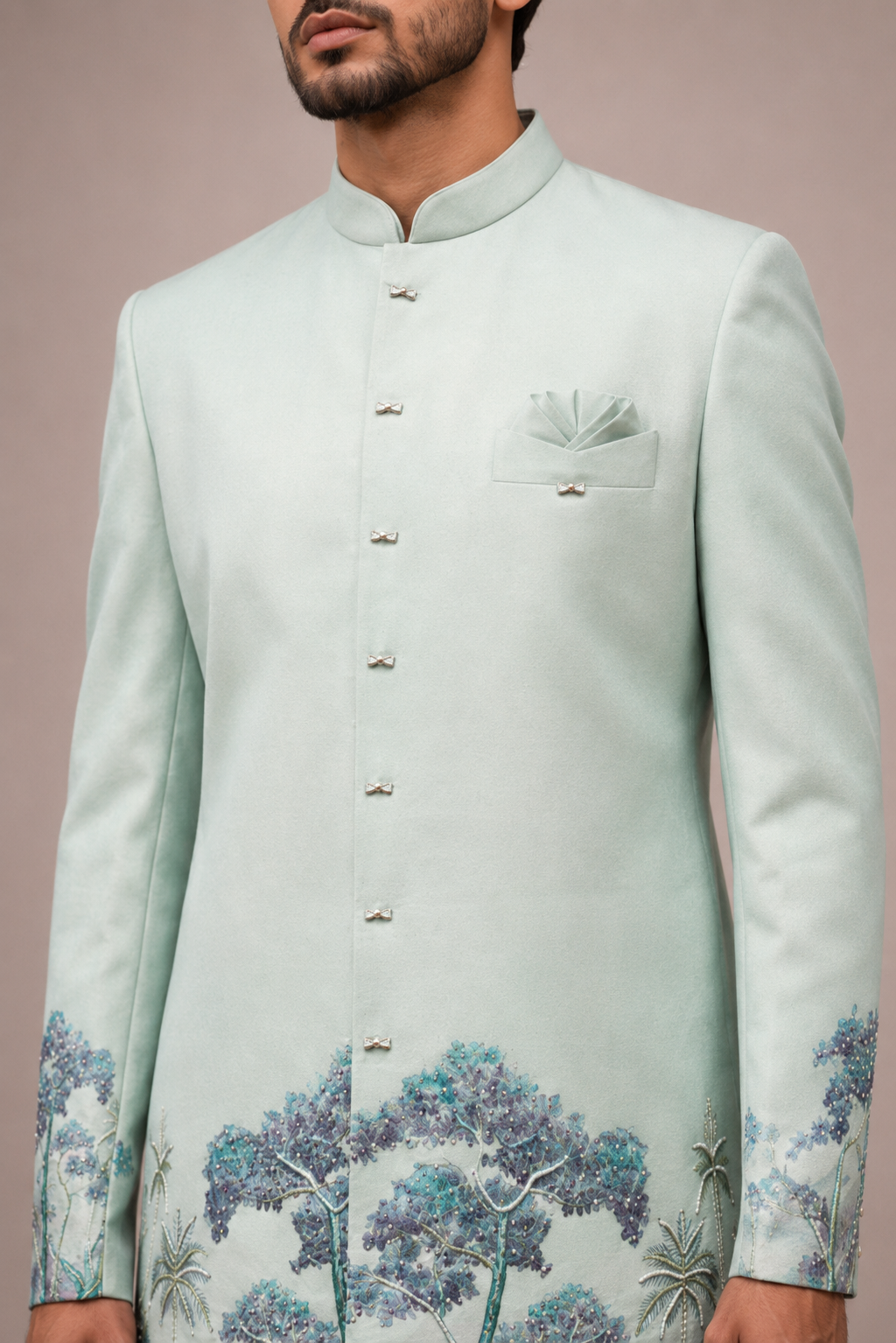 Aqua Silk Indo Western for Men with Hand Print and Hand Work
