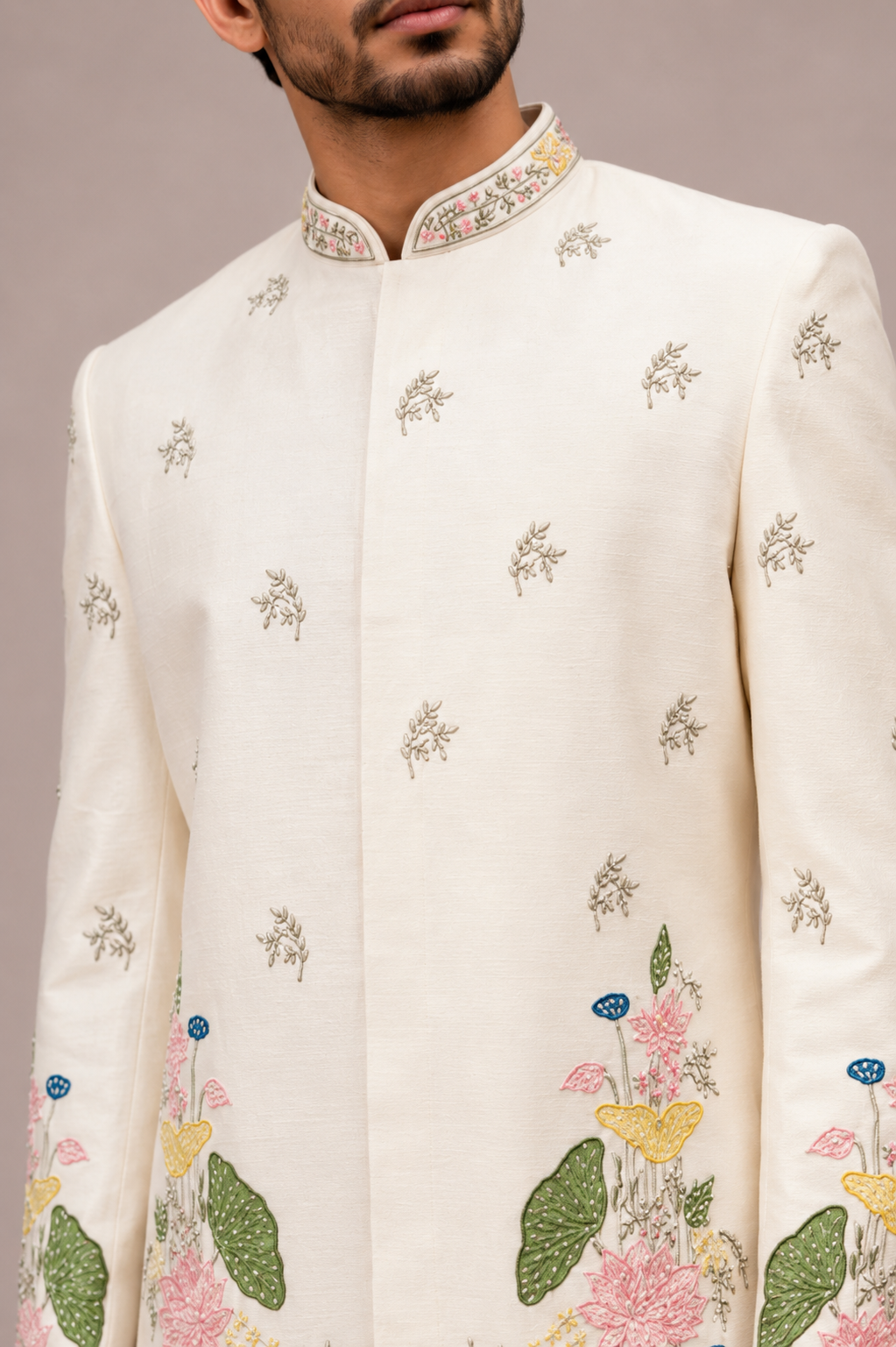Ivory Satin Silk Indo Western for Men with Hand Print and Hand Work