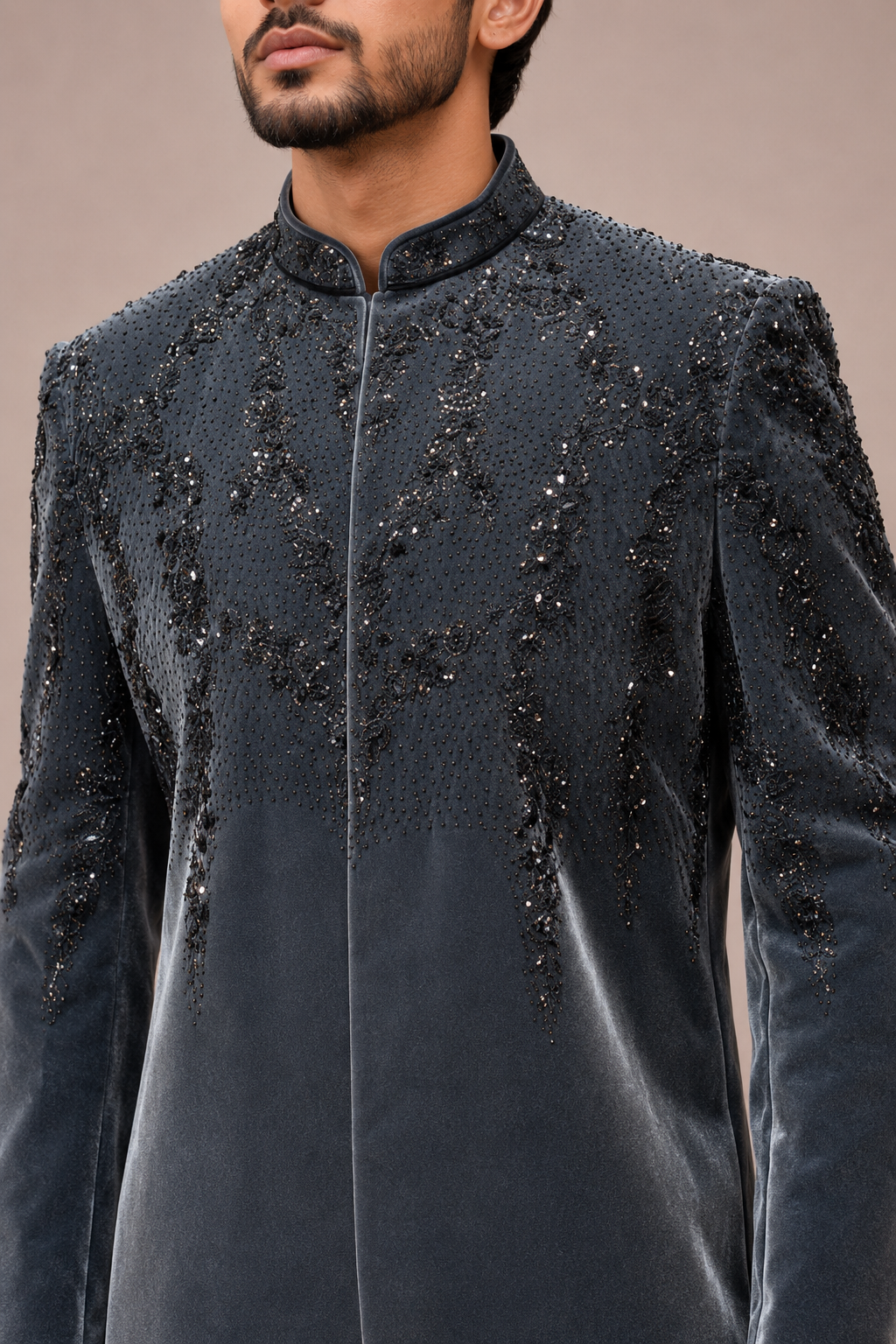 Gray Velvet Sherwani with Intricate Hand Embroidery Work