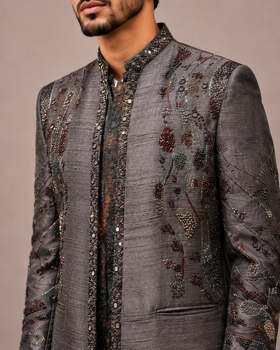 Gray Matka Silk Indo Western for Men with Hand Work